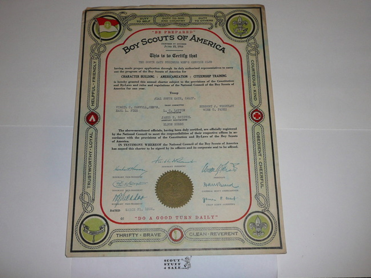 1934 Boy Scout Troop Charter, March