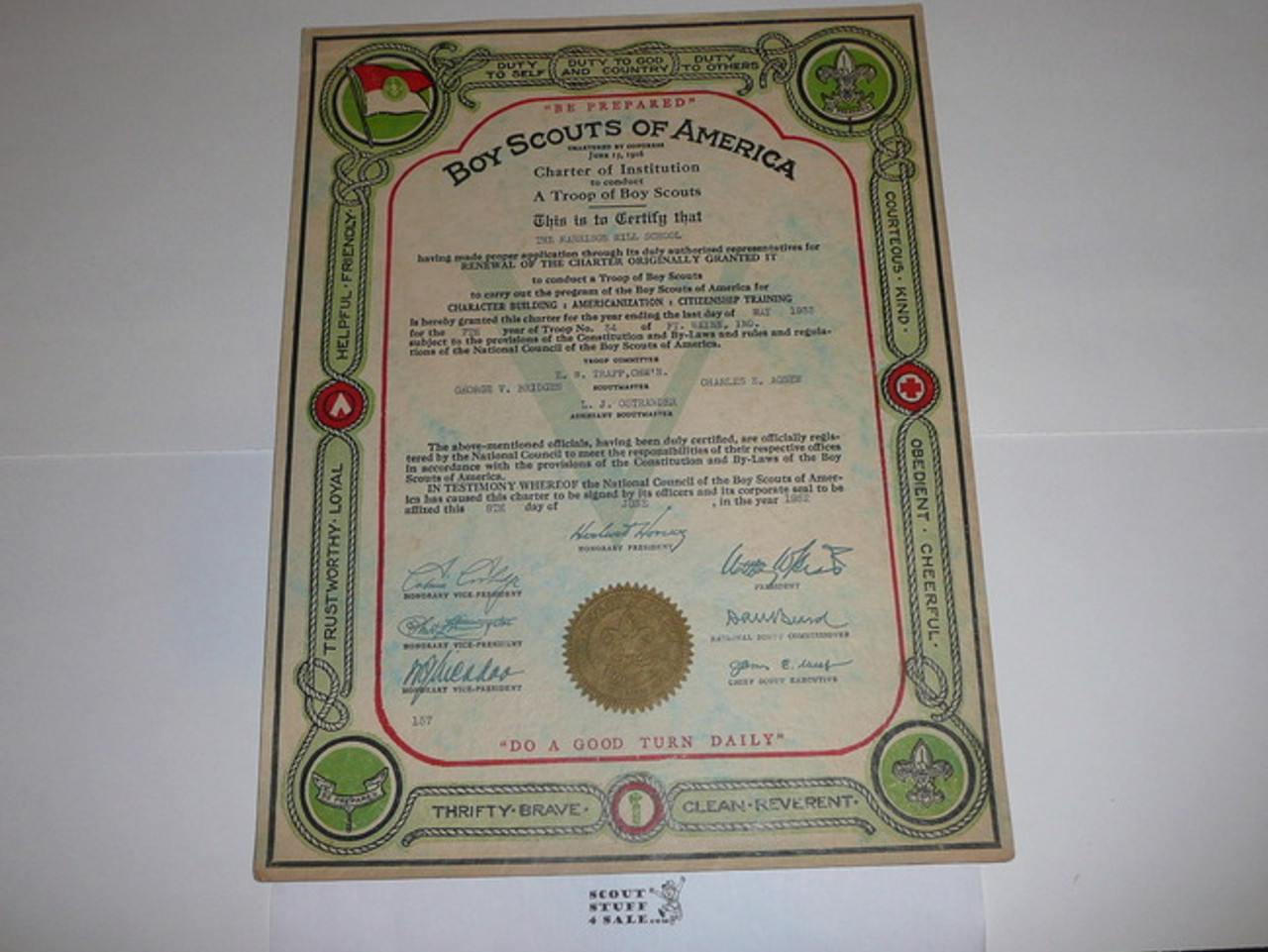 1932 Boy Scout Troop Charter, June, 5 year Veteran Troop, Indiana