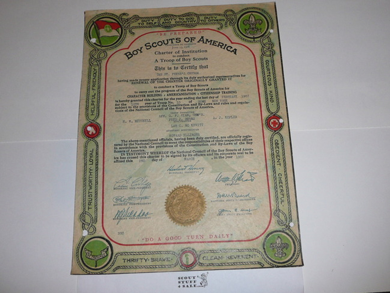 1932 Boy Scout Troop Charter, March, 10 year Veteran Troop