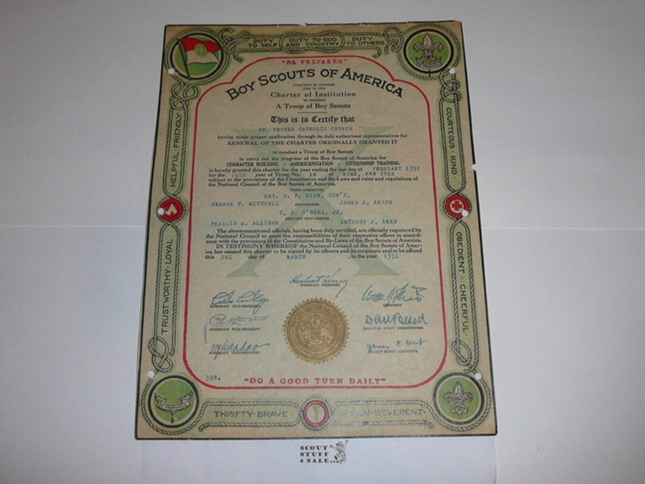 1931 Boy Scout Troop Charter, March, 10 year Veteran Troop