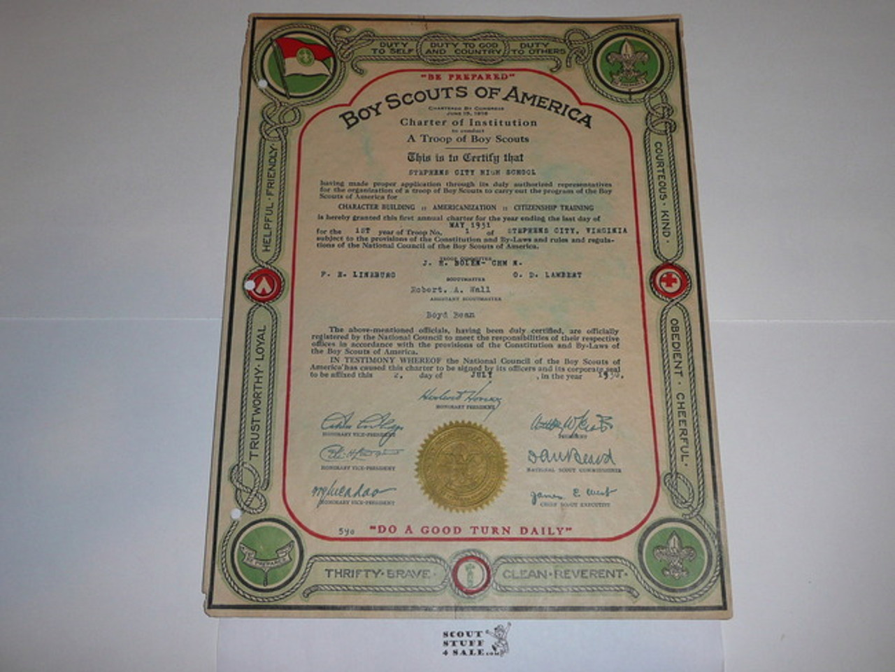 1930 Boy Scout Troop Charter, July