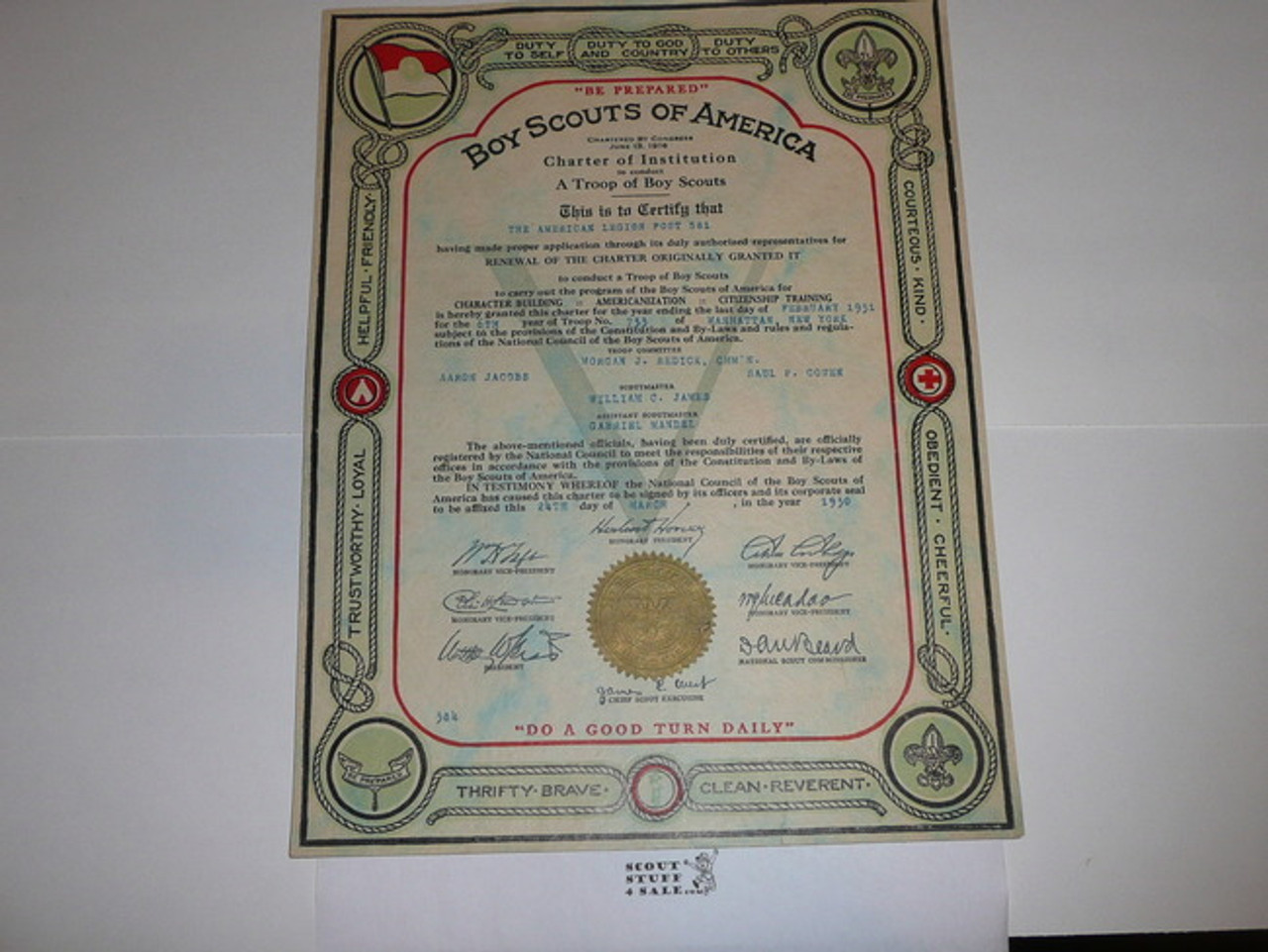 1930 Boy Scout Troop Charter, March, 5 year Veteran Troop