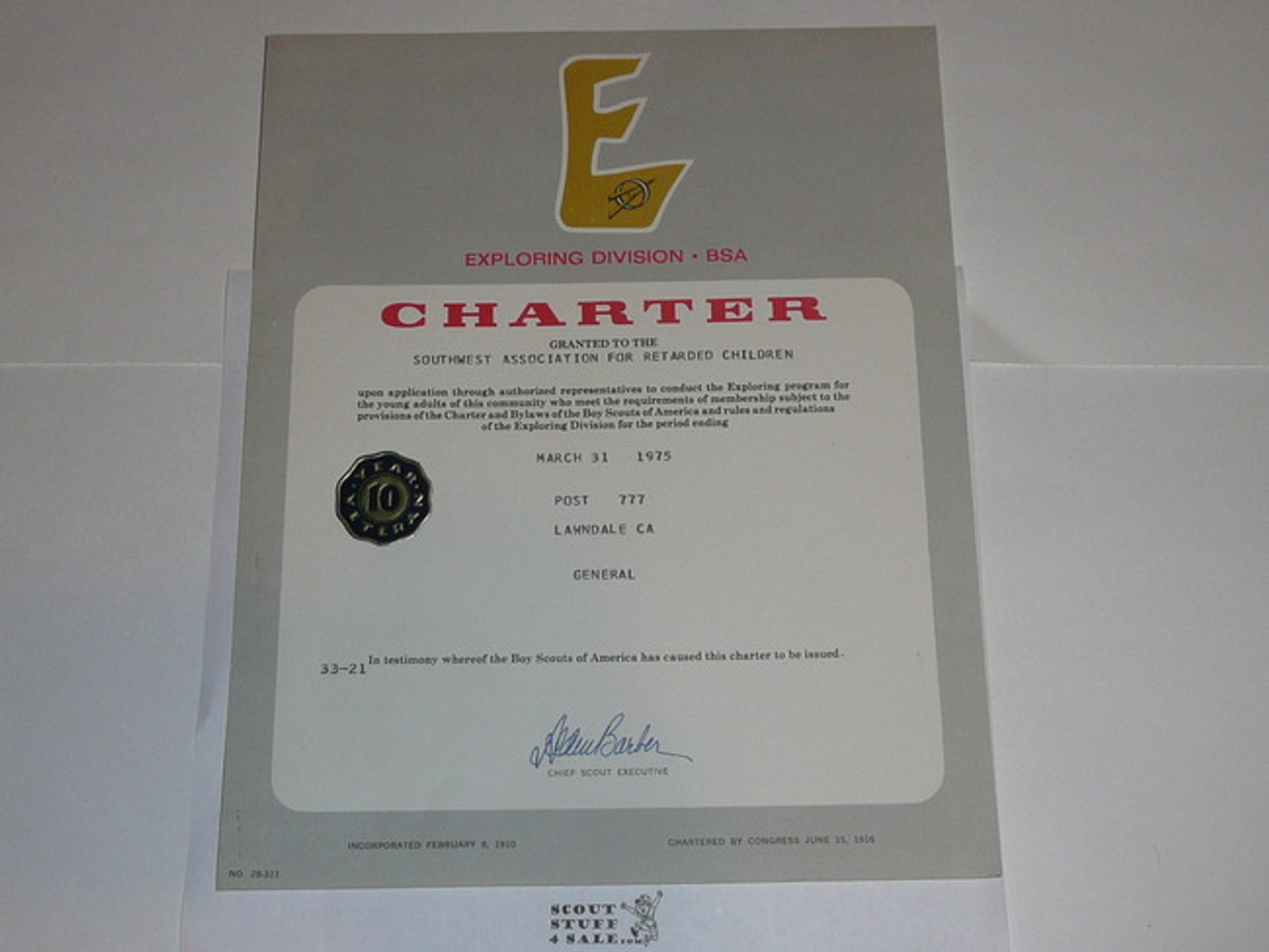 1975 Explorer Scout Post Charter, March, 10 year Veteran unit sticker