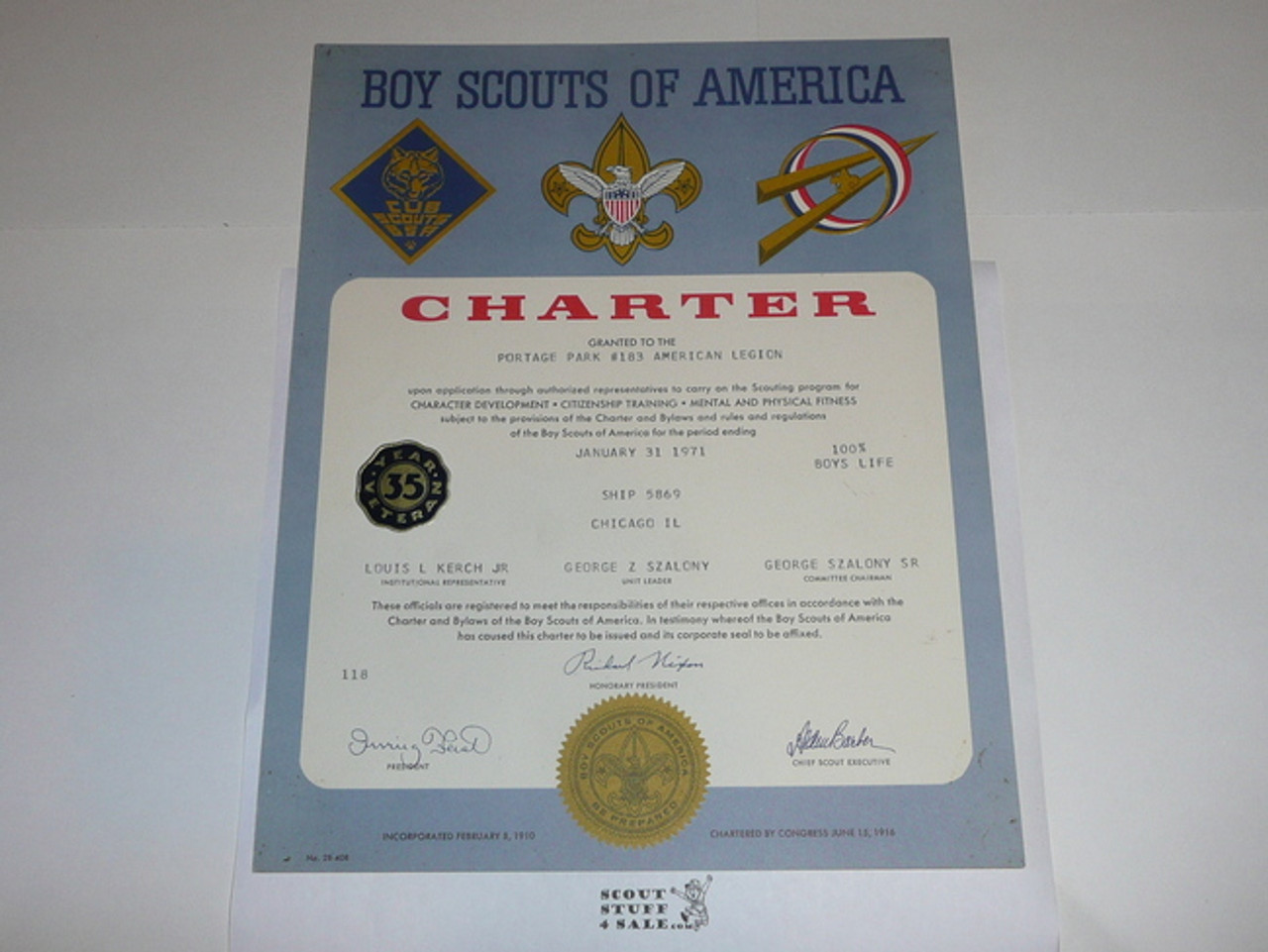 1971 Sea Scout Ship Charter, January, 35 year Veteran Ship Sticker