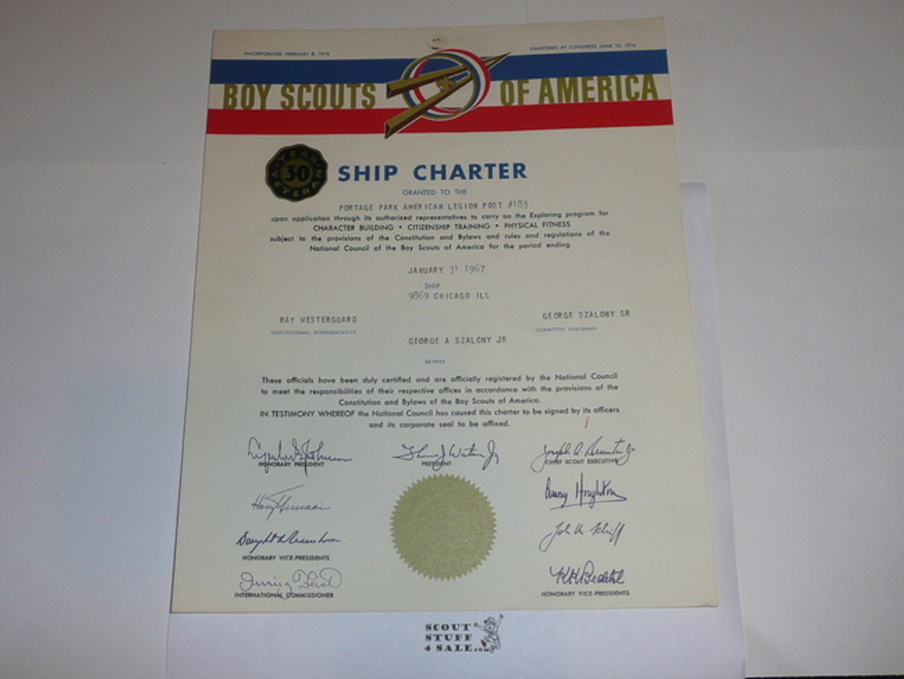 1967 Sea Scout Ship Charter, January, 30 year Veteran Ship Sticker