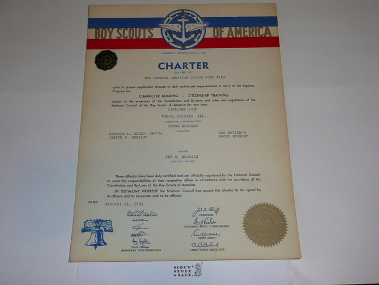 1954 Sea Scout Ship Charter, January, 15 year Veteran Ship Sticker