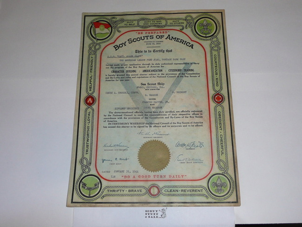 1944 Sea Scout Ship Charter, January, 5 Year Veteran Ship