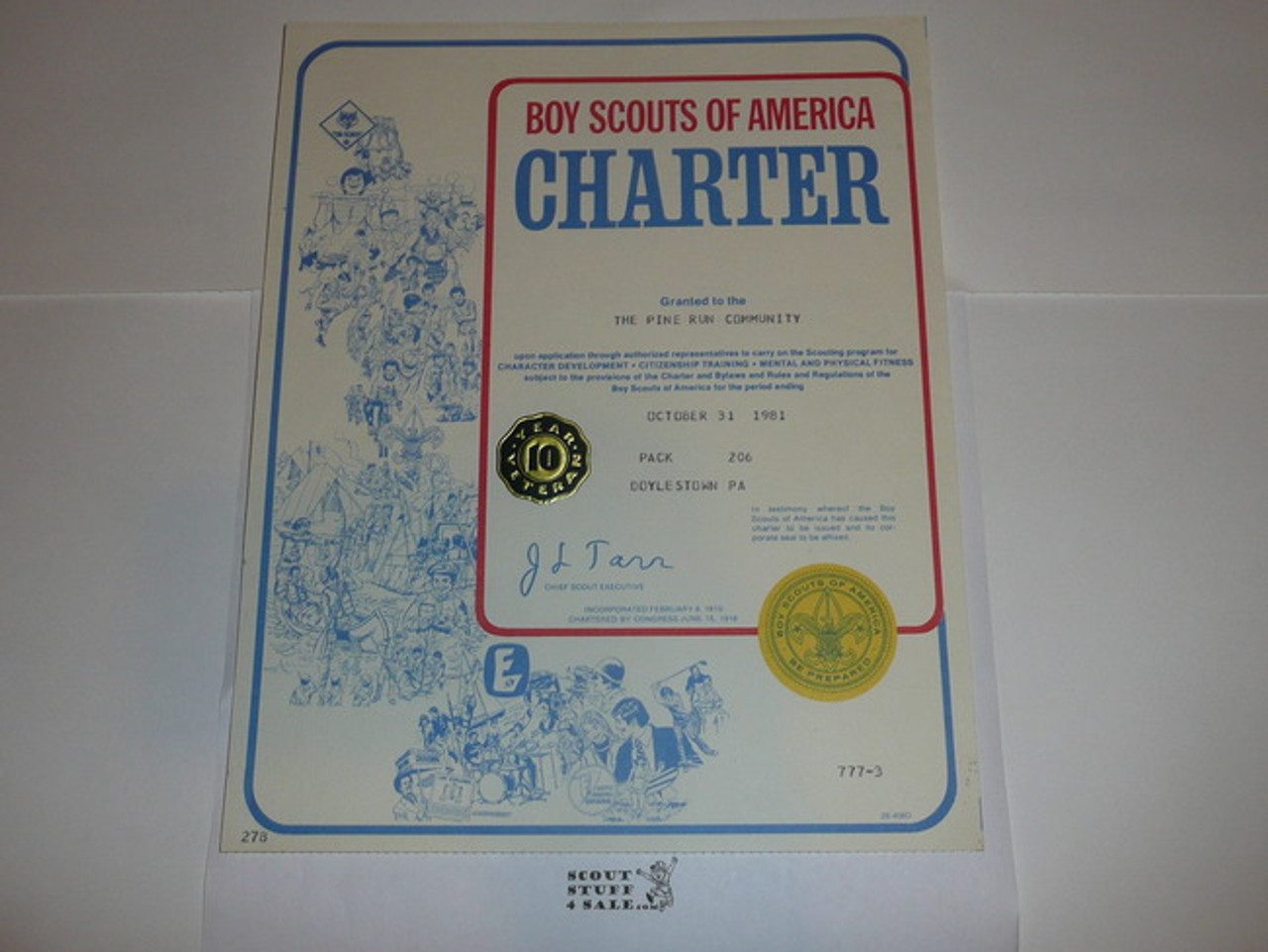 1981 Cub Scout Pack Charter, October, 10 year veteran sticker