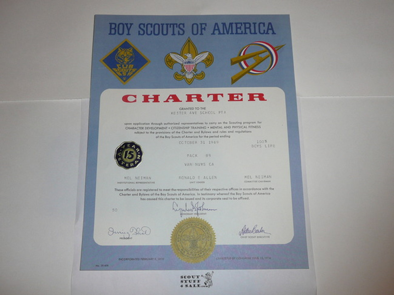 1969 Cub Scout Pack Charter, October, 15 year veteran sticker