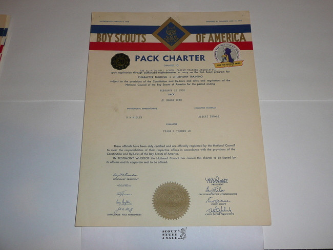 1958 Cub Scout Pack Charter, February, 20 year veteran sticker