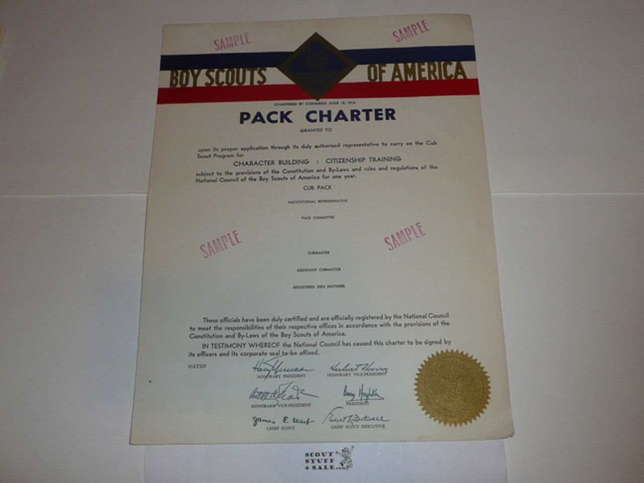 1947 Cub Scout Pack Charter, Stamped "SAMPLE" and unissued