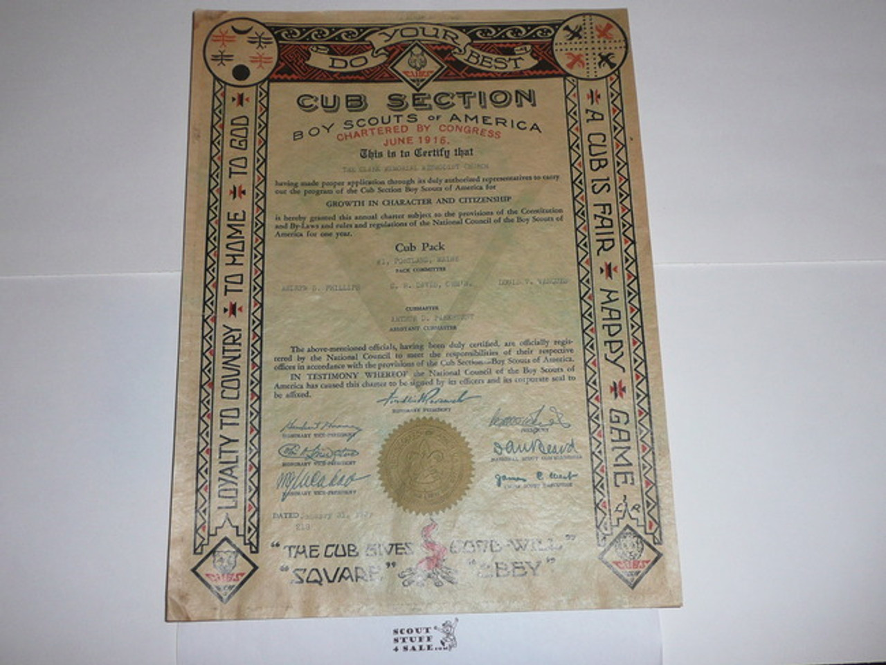 1939 Cub Scout Pack Charter, January, 5 year Veteran Pack