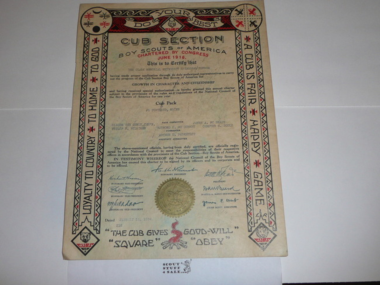 1934 Cub Scout Pack Charter, January