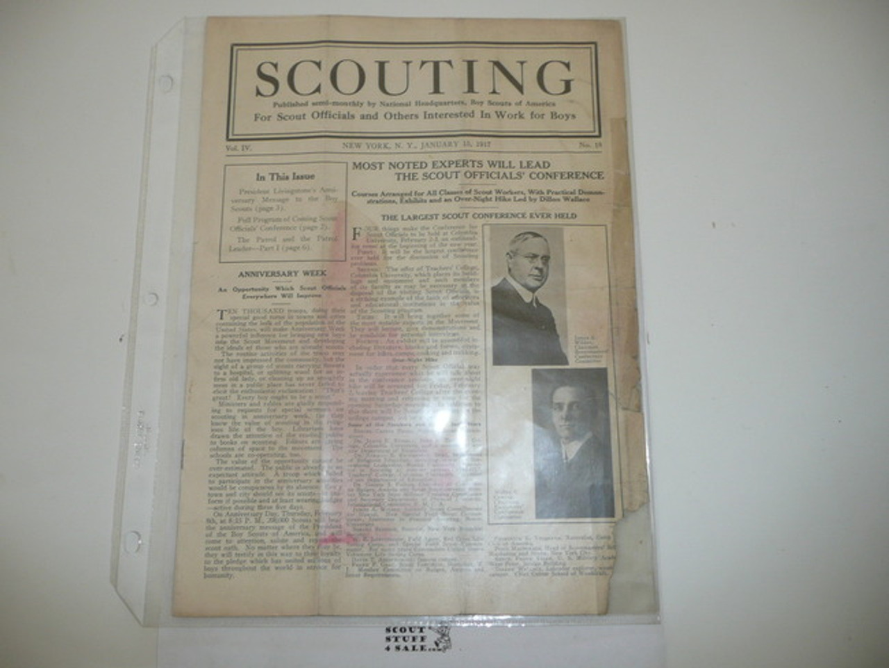 1917, January 15 Scouting Magazine Vol 4 #19, Cover Discolor and Chunk Missing Bottom Right