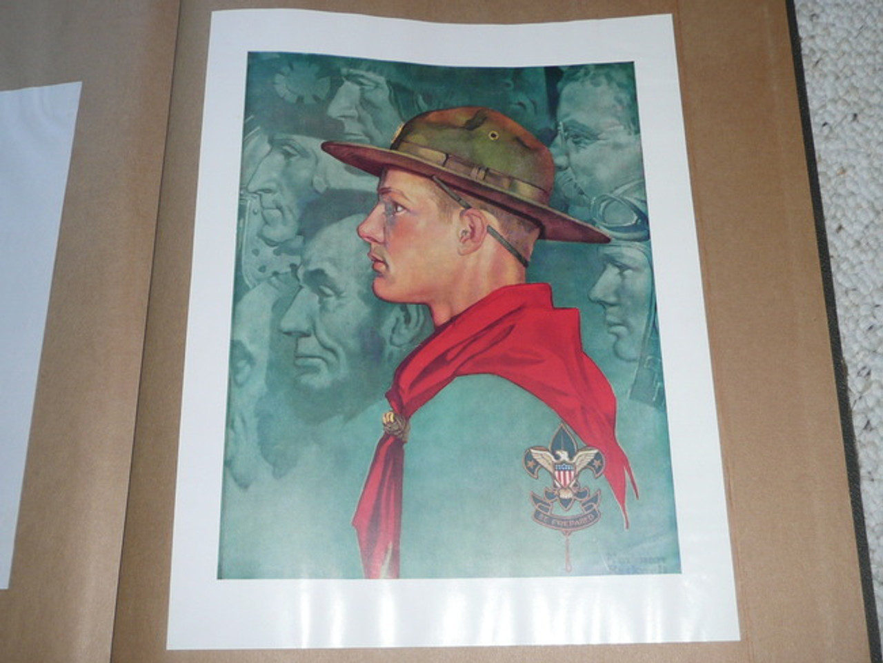 Norman Rockwell Poster of Boy Scout With American Heroes Behind Him, 10"x13", Affixed to Scrapbook Paper