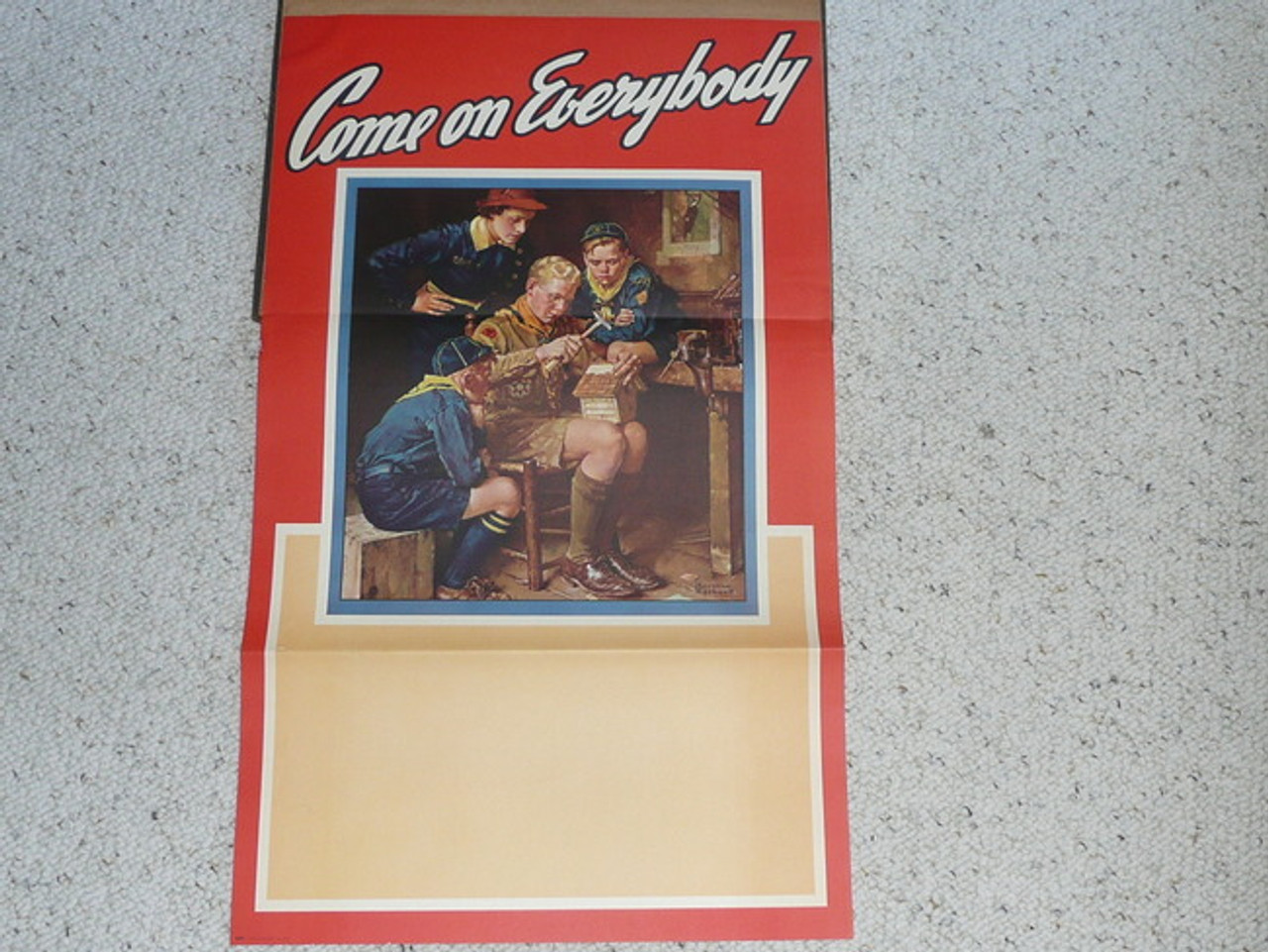 Norman Rockwell Painting of Boy Scout Building Birdhouse Teaching Cub Scouts Poster, 28"x16", Titled "Come on Everybody" With Room for Publicity Text, Folded Twice But in Excellent Condition, Partially Affixed to Scrapbook Paper