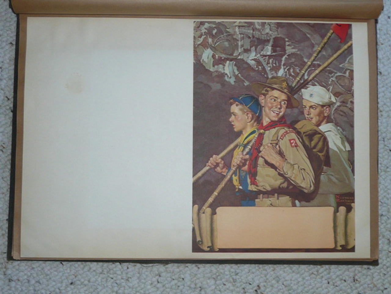 1940's Norman Rockwell Program Cover Of Cub Scout, Boy Scout, and Sea Scout, 11.5"x16" Affixed to Scrapbook Paper, Excellent Condition, Affixed to Scrapbook Paper