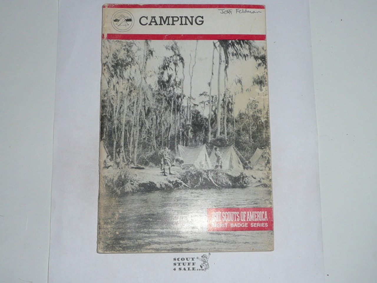 Camping Merit Badge Pamphlet, Type 9, Red Band Cover, 3-82 Printing