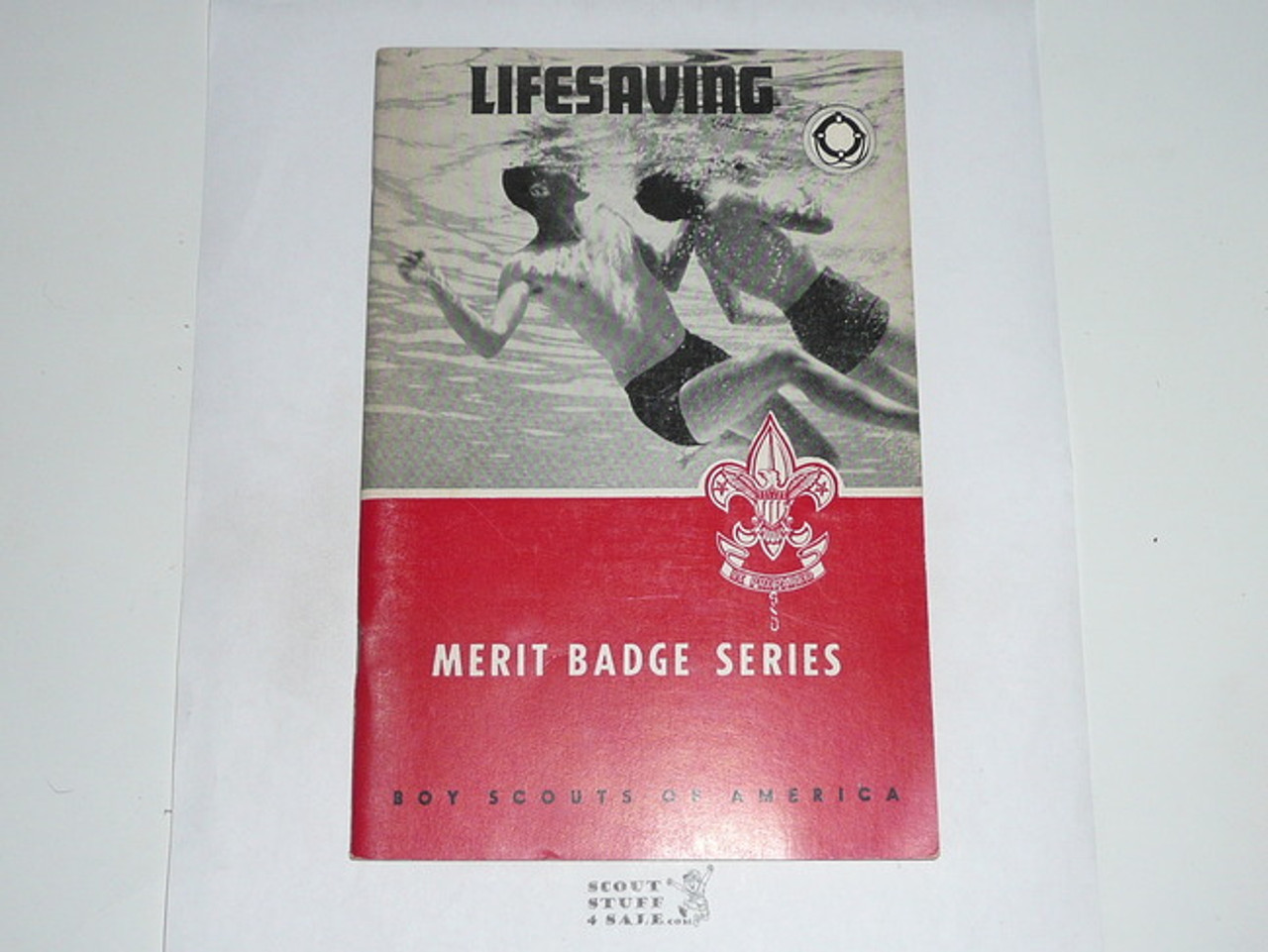 Lifesaving Merit Badge Pamphlet, Type 6, Picture Top Red Bottom Cover, 9-65 Printing