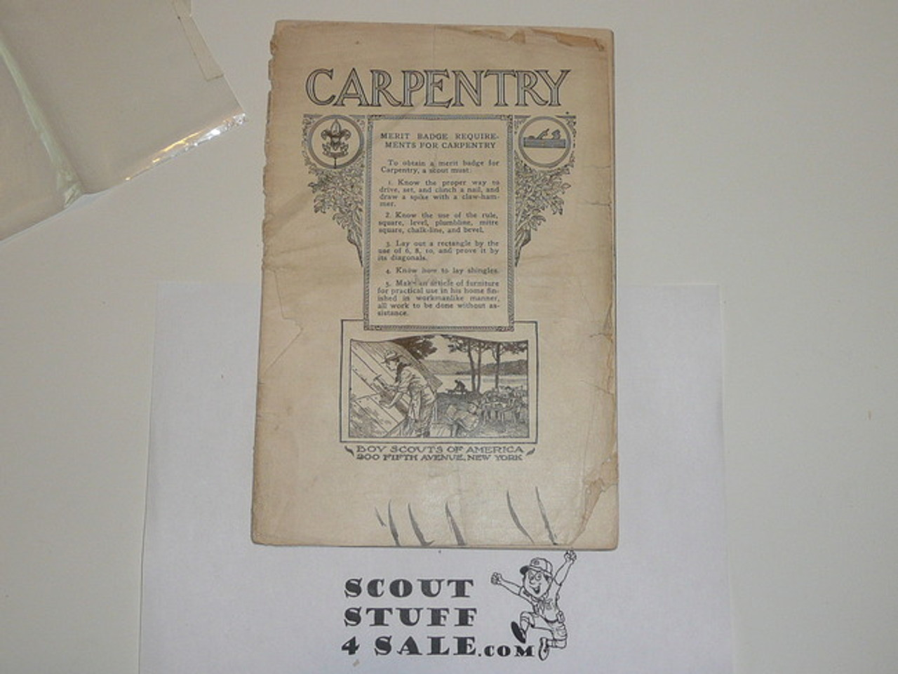 1924 Carpentry Merit Badge Pamphlet, Type 2, White Cover, Covers Separated, Worn