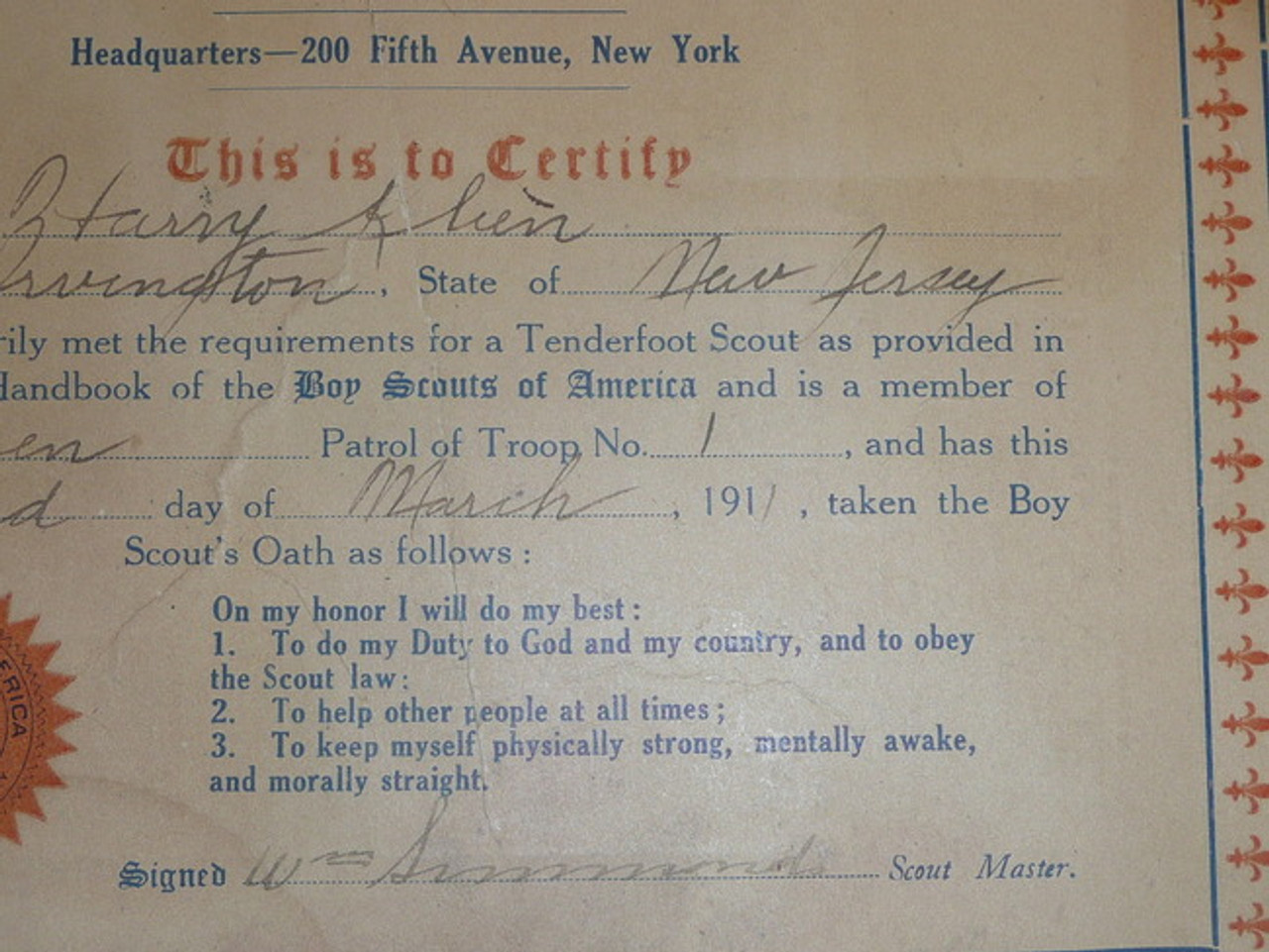 1911, March Tenderfoot Certificate