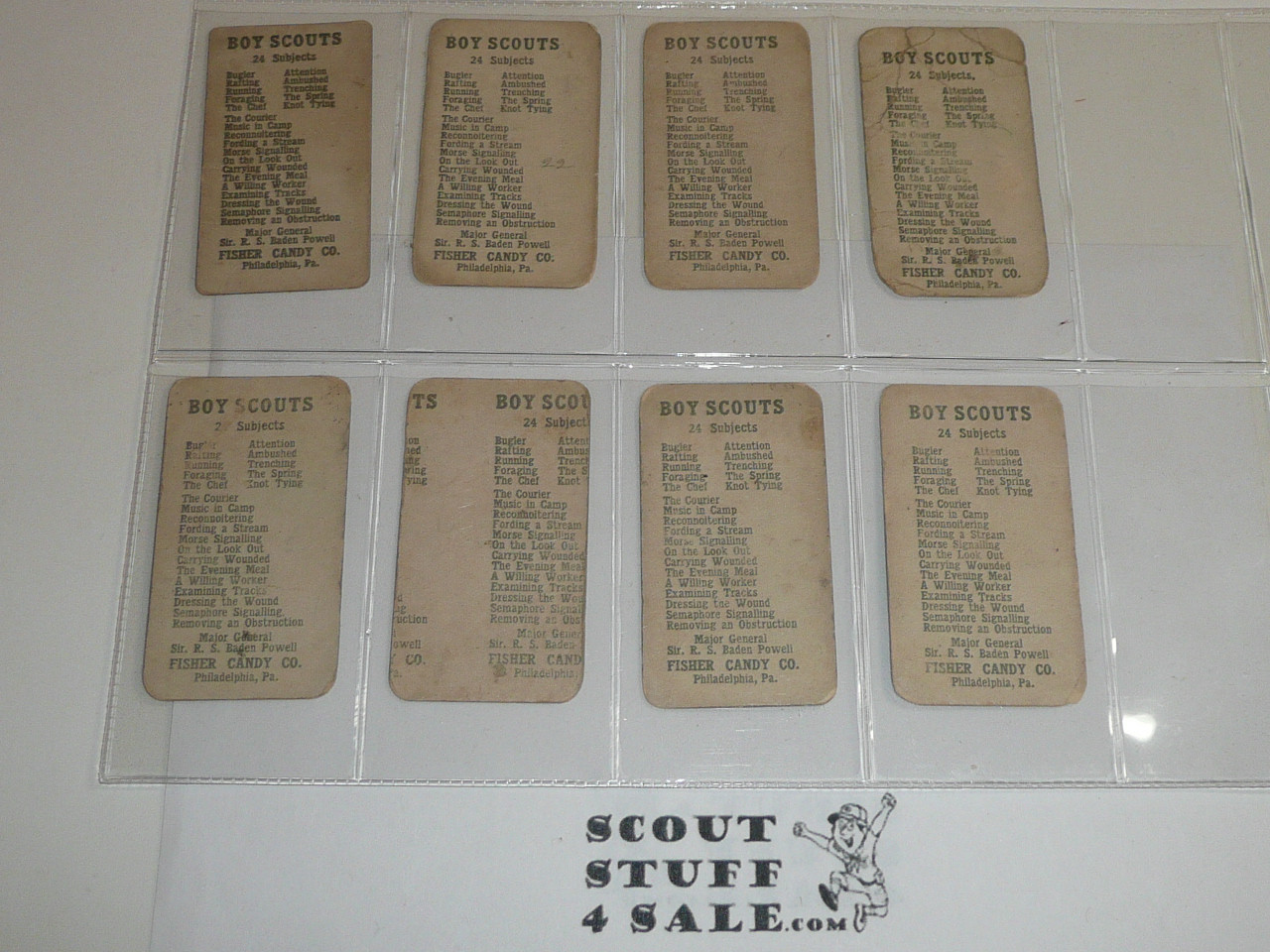 Fisher Candy Company, Philadelphia Pa, Boy Scout Card Series of 24, COMPLETE set, 1910