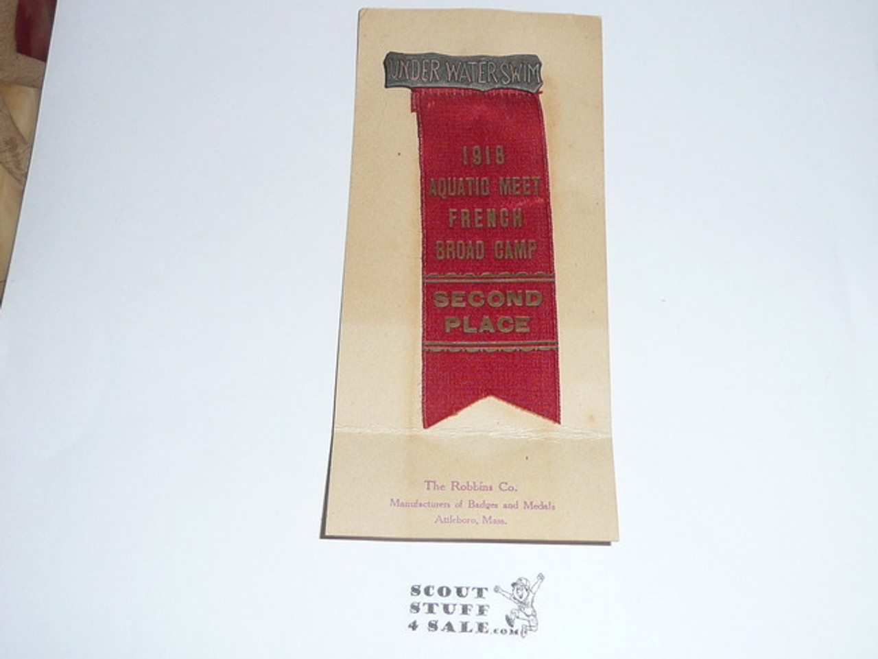 French Broad Camp 1918 Aquatic Meet 2nd Place "Under water Swim" Ribbon - Robbins Company