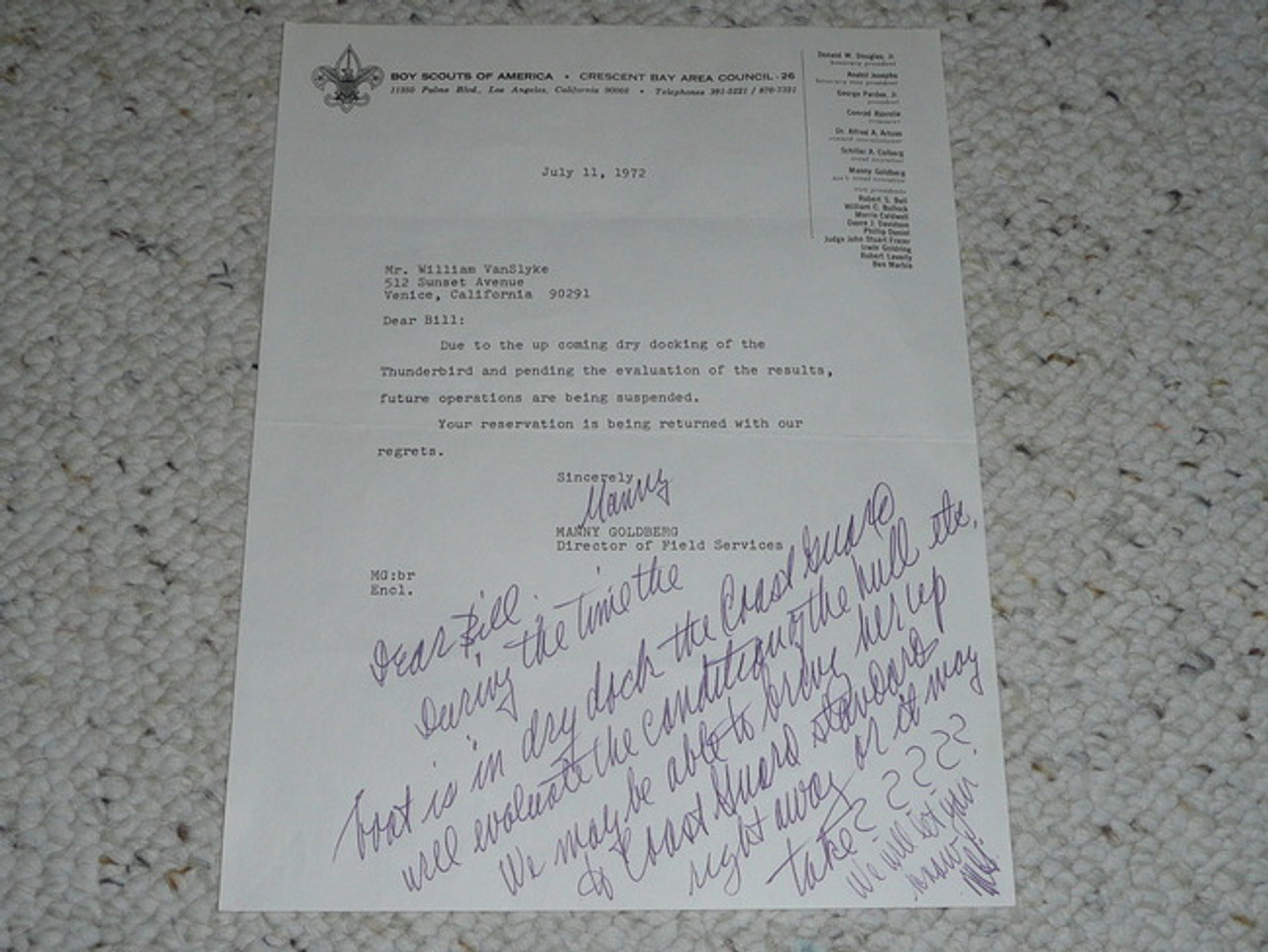 Crescent Bay Area Council, 1972 Letter on Council Stationary, original letter but on a copy of stationary