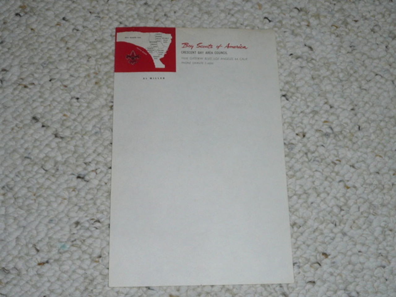 Crescent Bay Area Council, Note Pad Sized piece of Council Stationary, unused