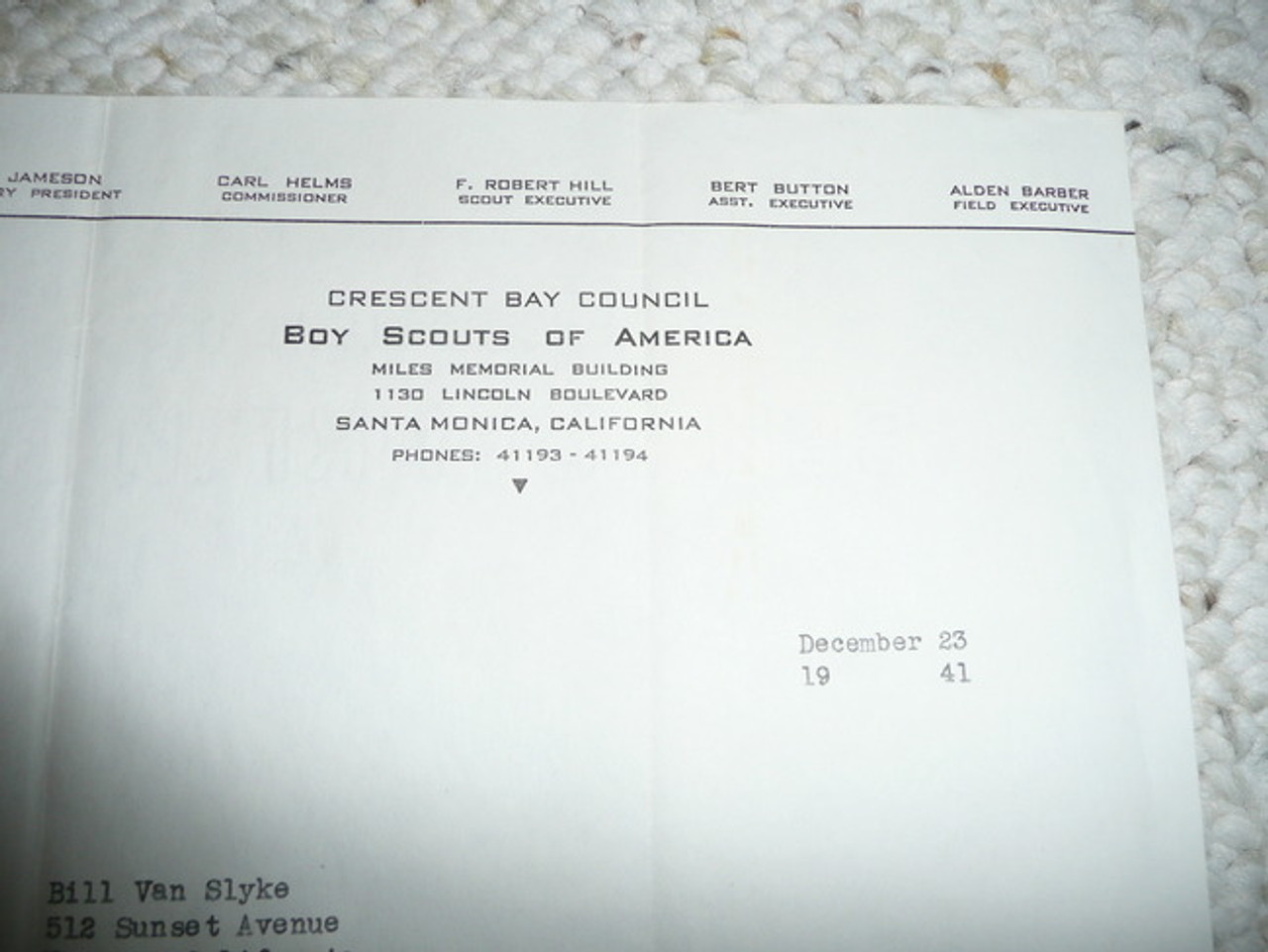 Crescent Bay Area Council, 1941 Letter on Council Stationary