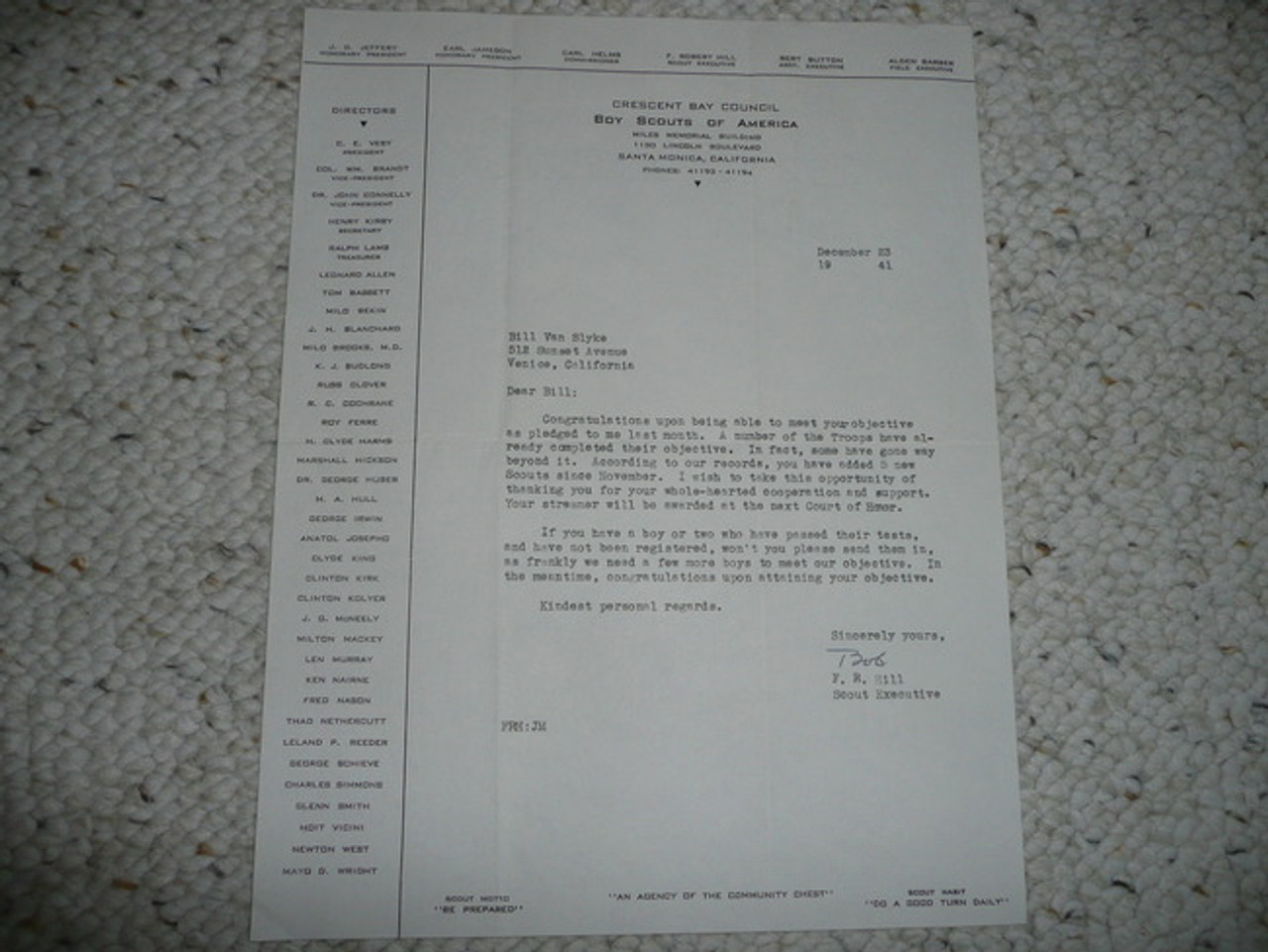 Crescent Bay Area Council, 1941 Letter on Council Stationary
