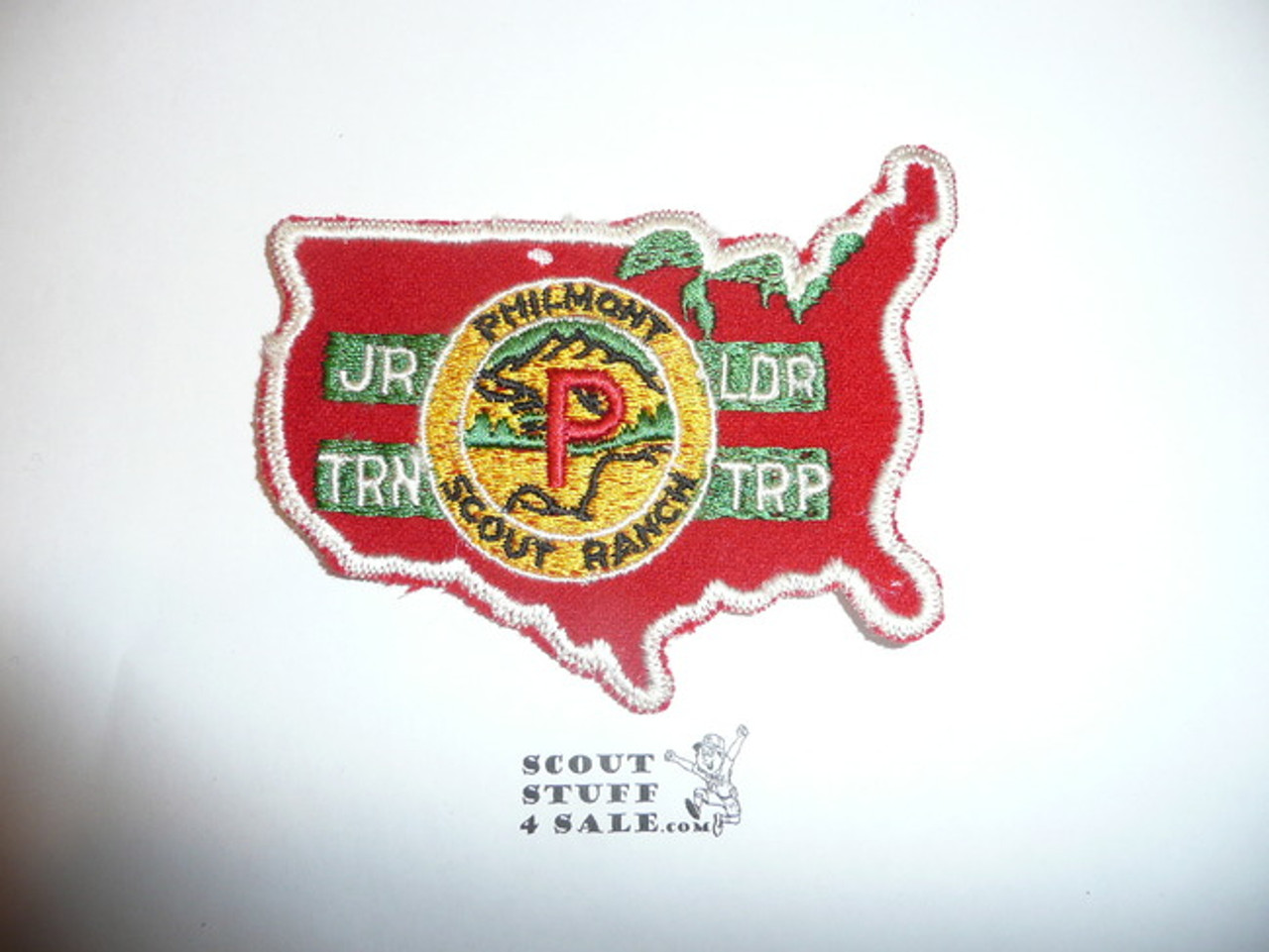 Philmont Scout Ranch, First Junior Leader Training Troop Patch, Shaped Like Outline of USA, Felt, One Small Moth Hole
