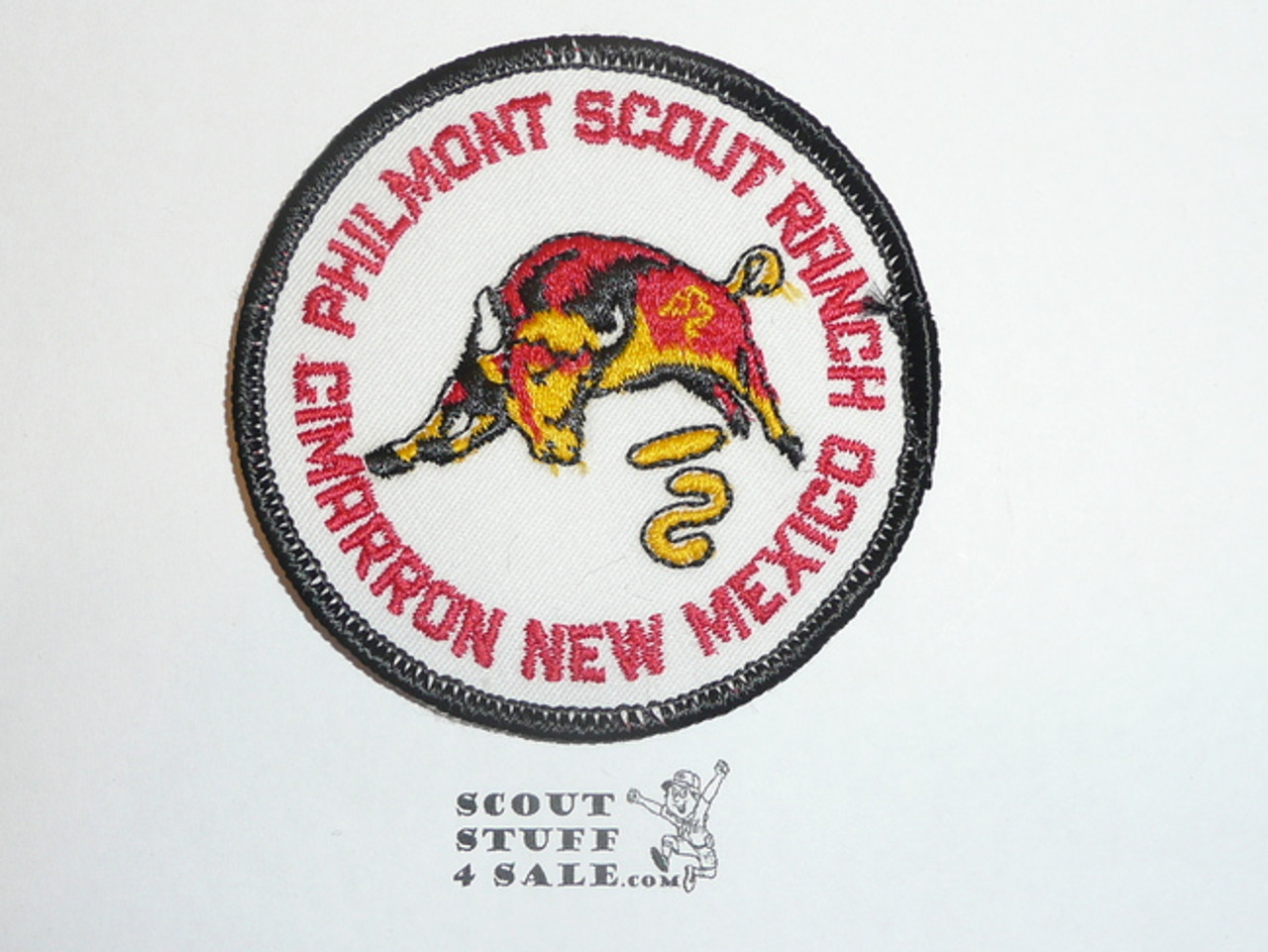 Philmont Scout Ranch, White Twill Round Bull Patch, Plastic Back