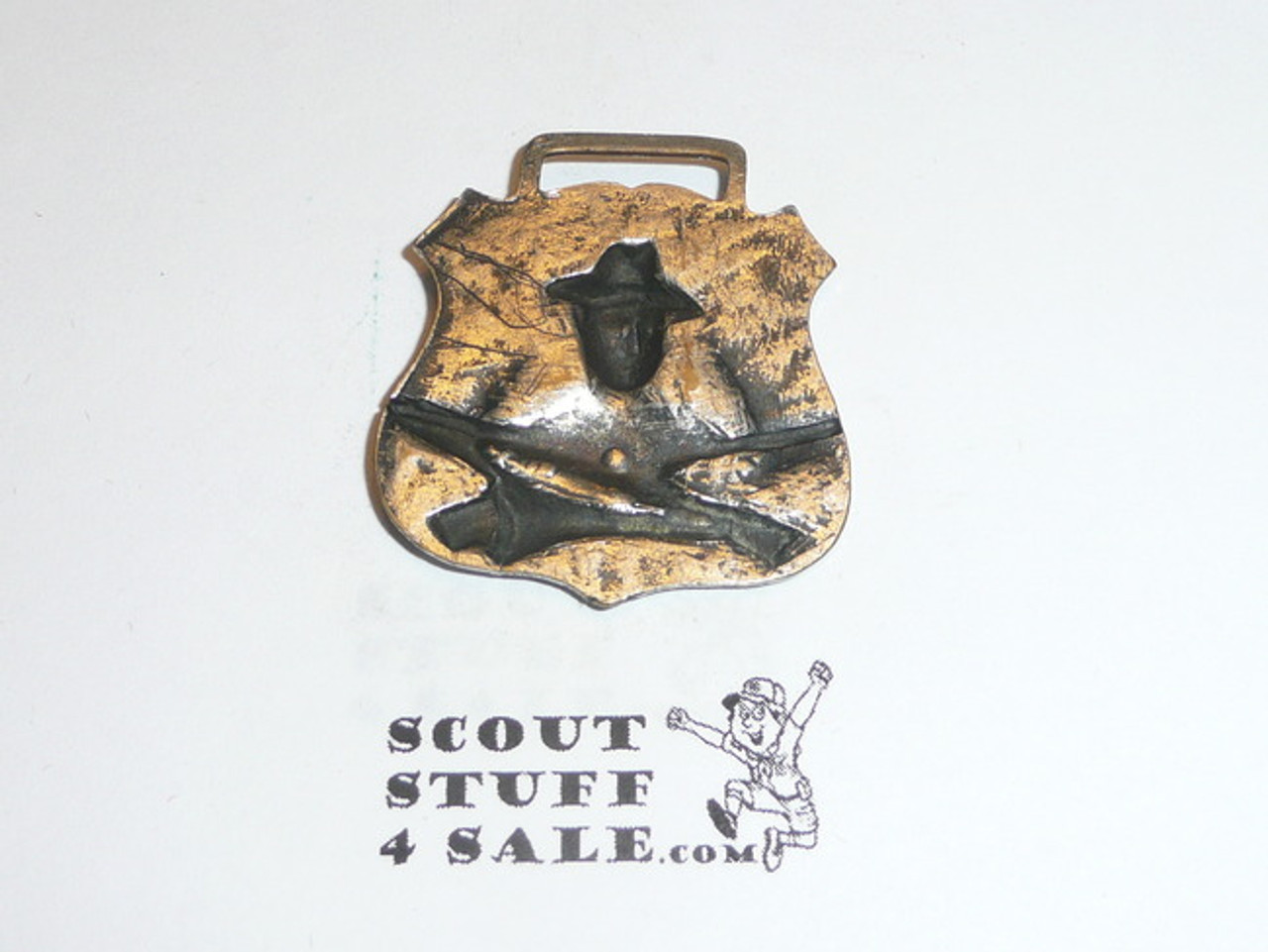 Silver Boy Scout Watch Fob, Crossed Flags & Rifles