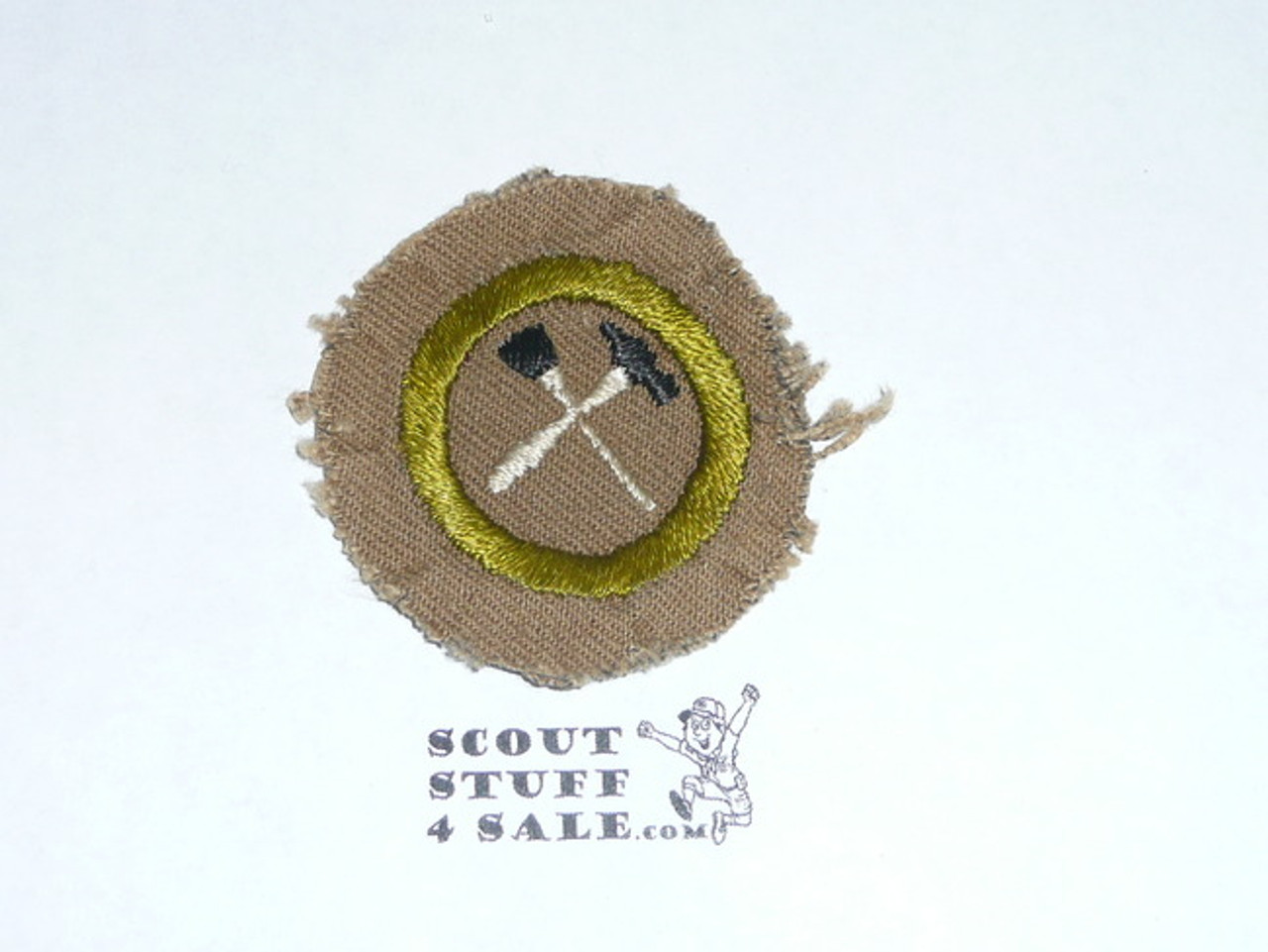 Handicraft - Type A - Square Tan Merit Badge (1911-1933), Material trimmed and badge used