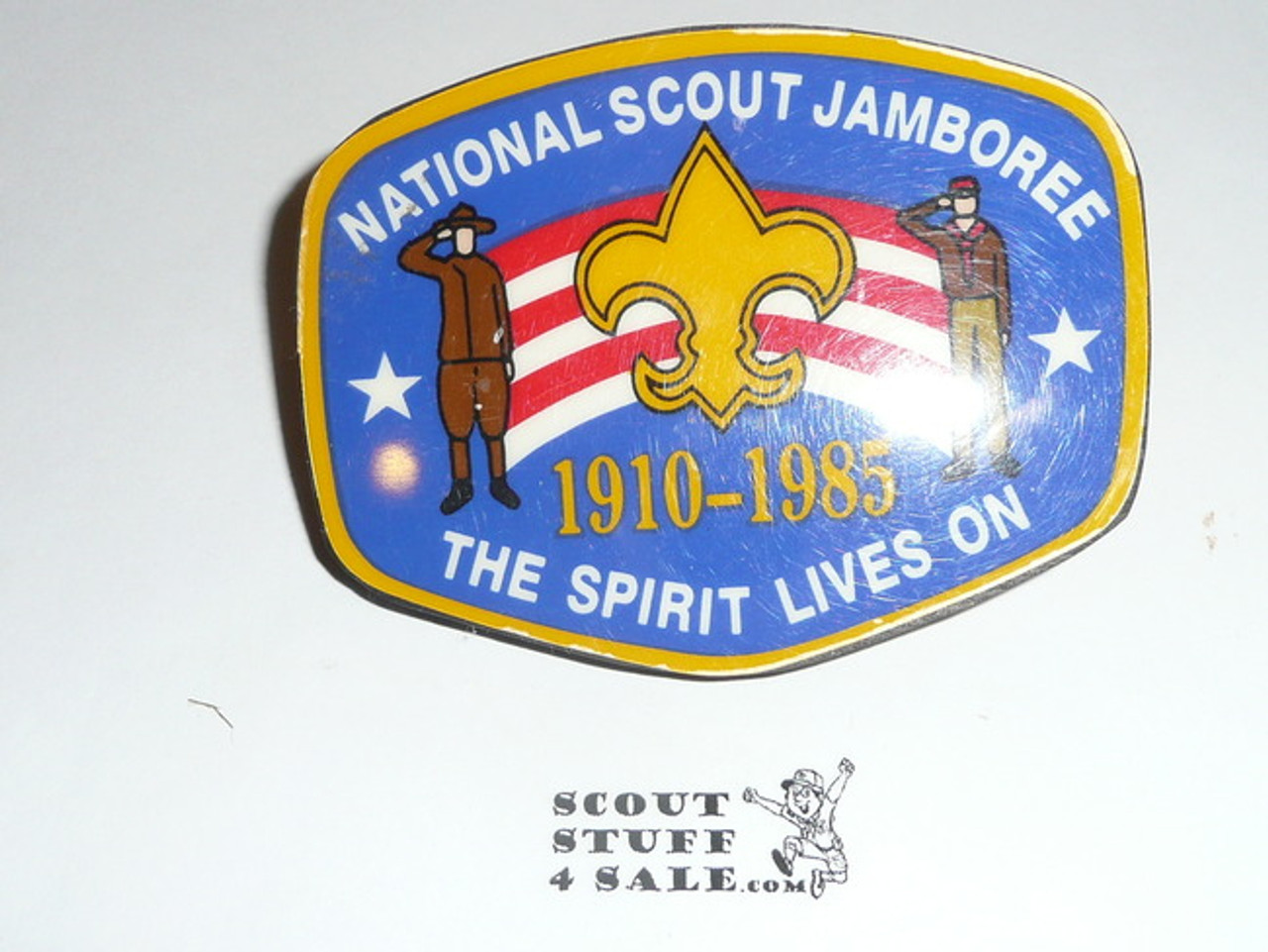 1985 National Jamboree Neckerchief Slide, Colorful with wood back, broken ring