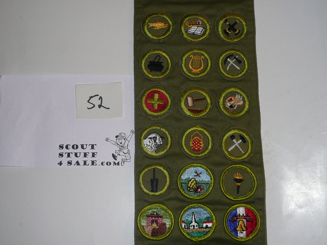 1950-1960's Boy Scout Merit Badge Sash with 26 mixed Crimped and r/e Merit badges, plus other patches, #52