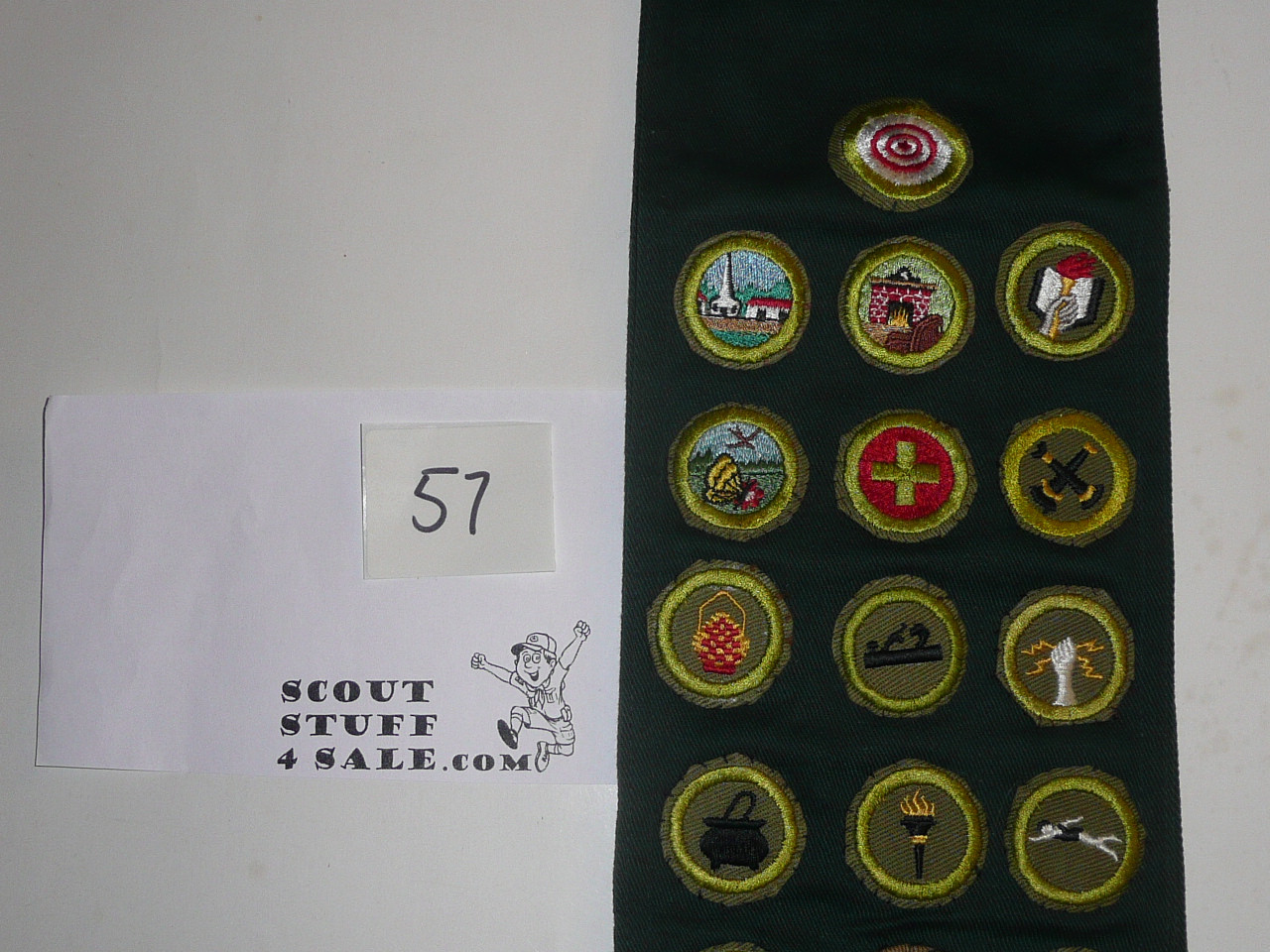 1950's Boy Scout Explorer Merit Badge Sash with 23 Khaki Crimped, 1 tan crimped & 1 r/e Merit badges, #57