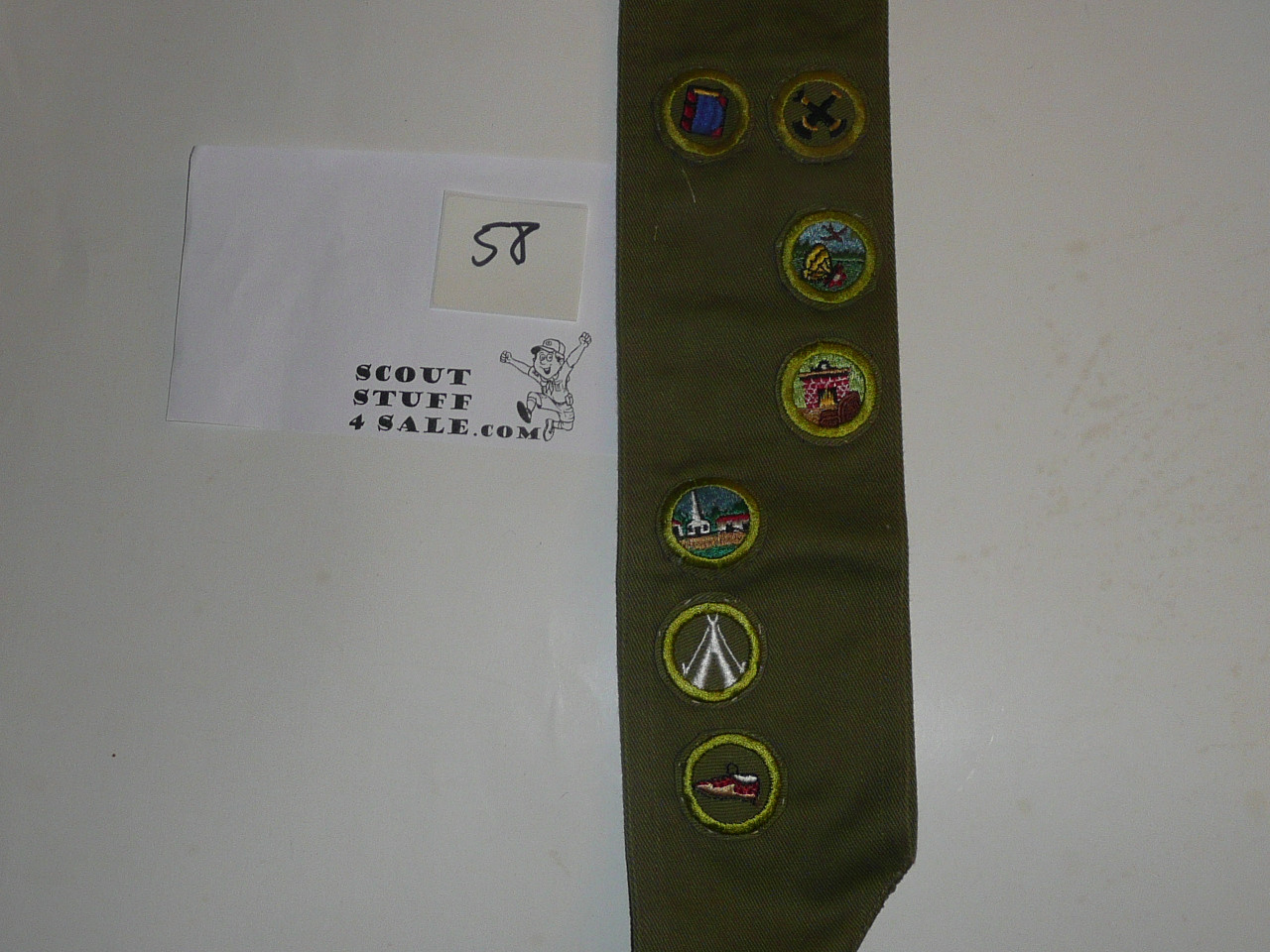 1950's Boy Scout Merit Badge Sash with 8 Khaki Crimped Merit badges, #58