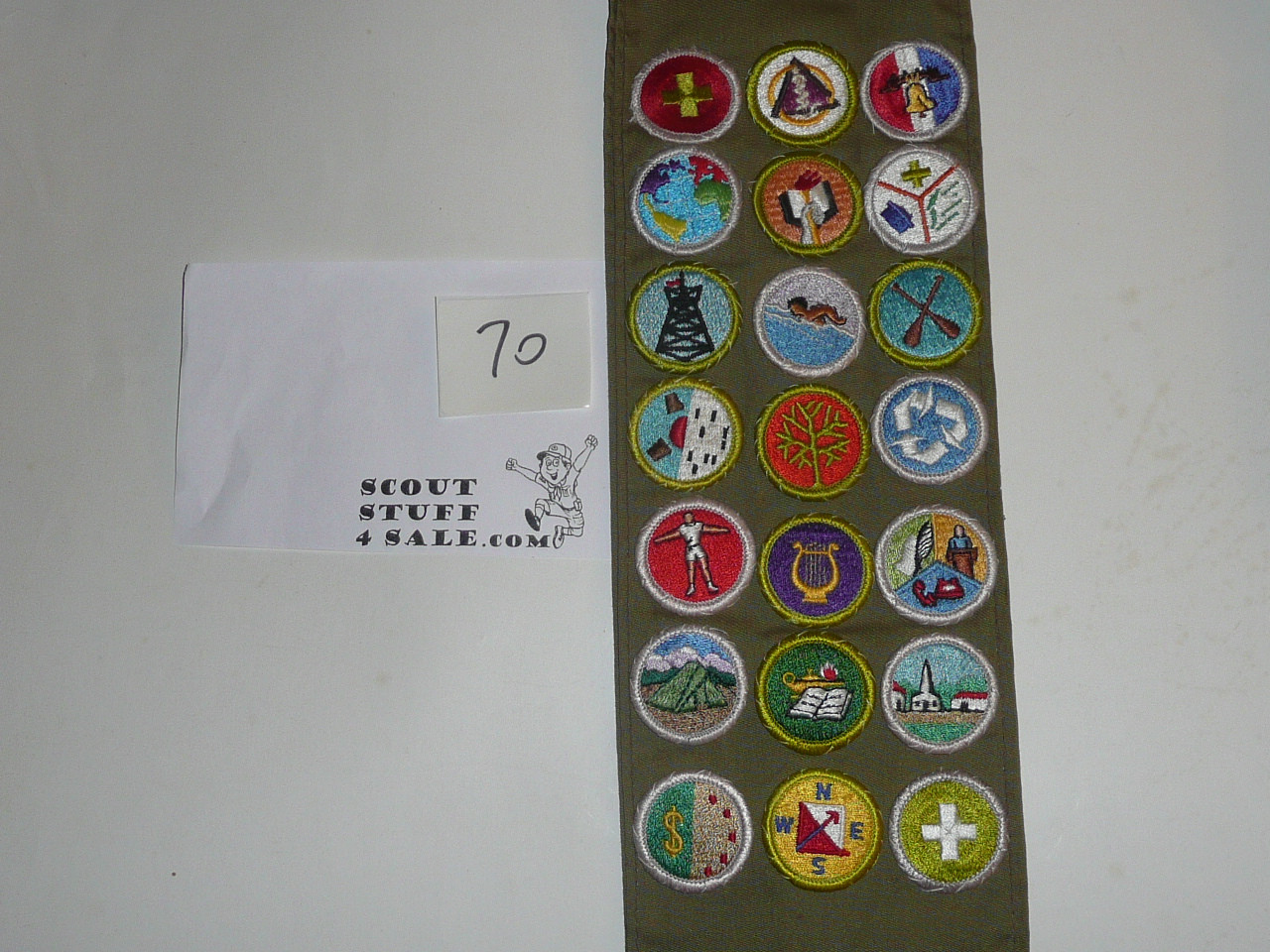 1980's Boy Scout Merit Badge Sash with 21 rolled edge Merit badges, #70