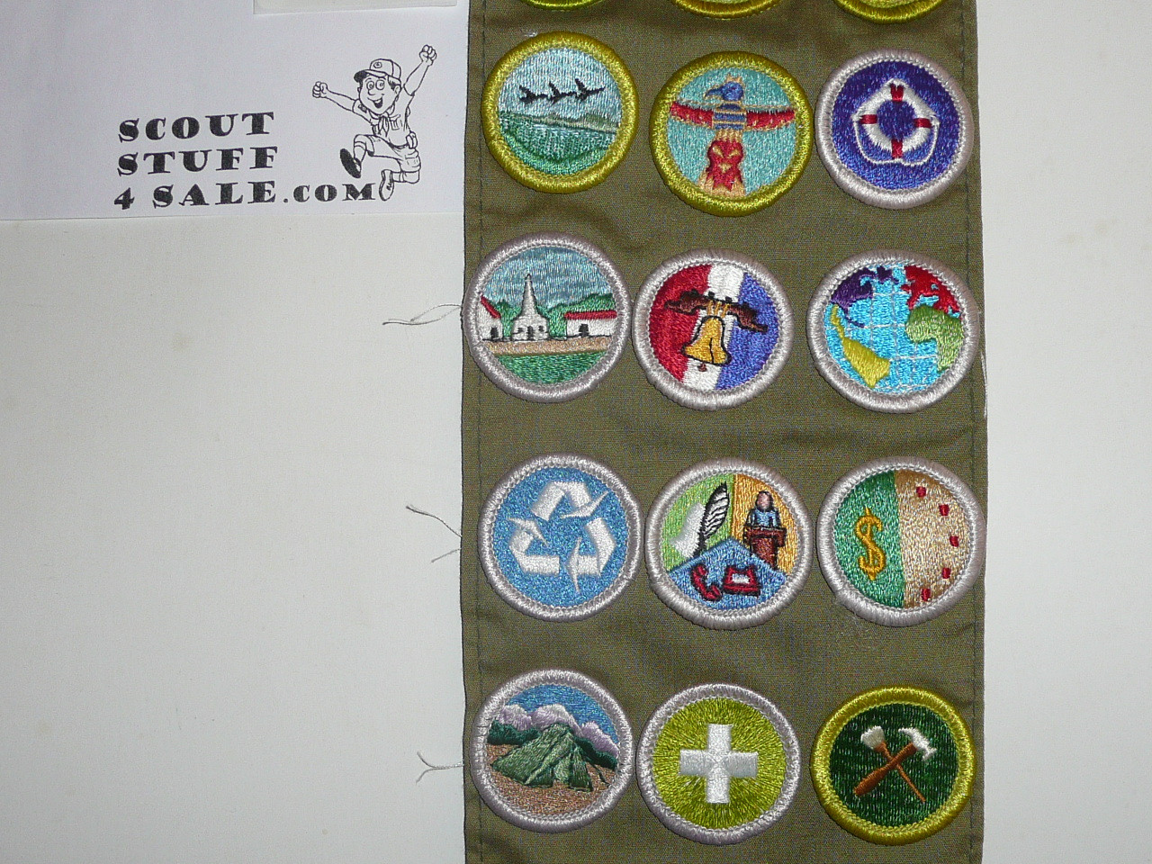 1980's Boy Scout Merit Badge Sash with 24 rolled edge Merit badges, #72