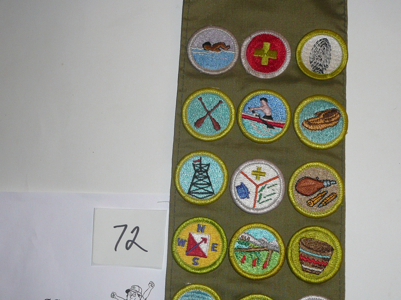 1980's Boy Scout Merit Badge Sash with 24 rolled edge Merit badges, #72