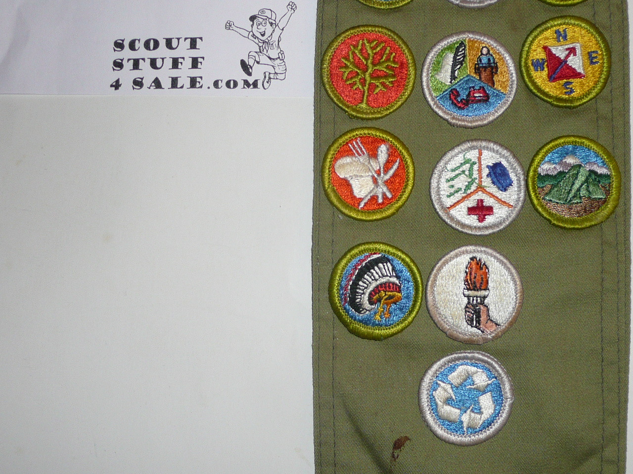 1970's Boy Scout Merit Badge Sash with 21 rolled edge Merit badges, #79