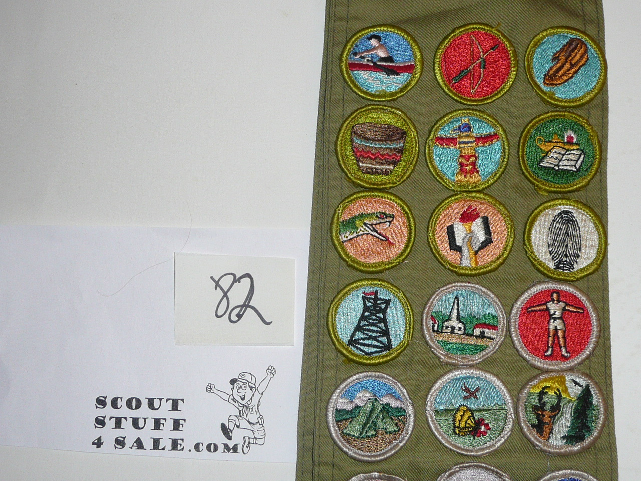 1970's Boy Scout Merit Badge Sash with 26 rolled edge Merit badges, #82