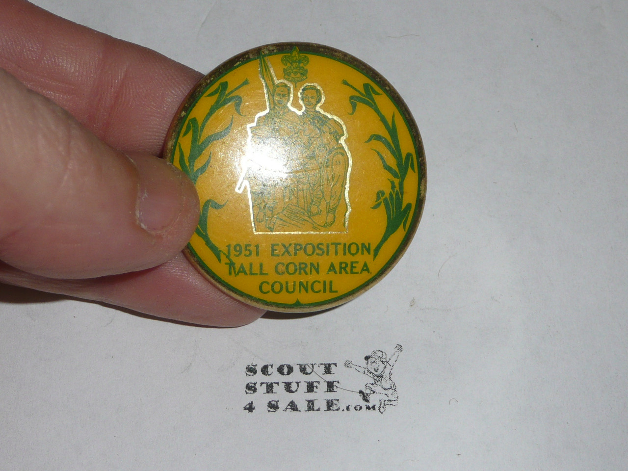 1951 Boy Scout Exposition Tall Corn Area Council Neckerchief Slide, celluloid button style