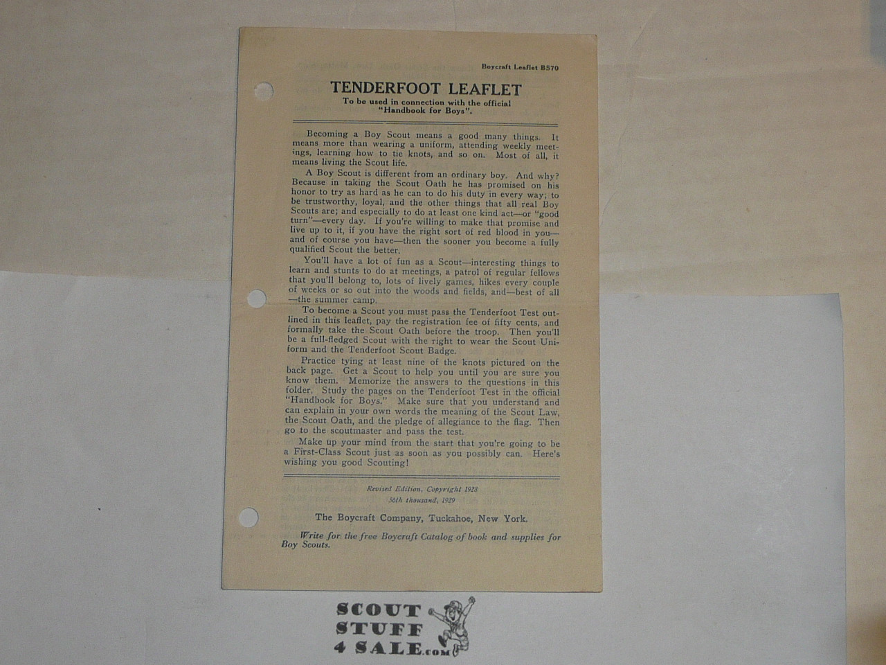 1929 Tenderfoot Leaflet, By The Boycraft Company, Approved by the BSA, Leaflet B570, RARE