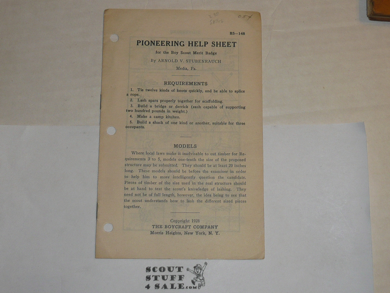 1928 Pioneering Help Sheet Leaflet, By The Boycraft Company, Approved by the BSA, Leaflet BS148, RARE