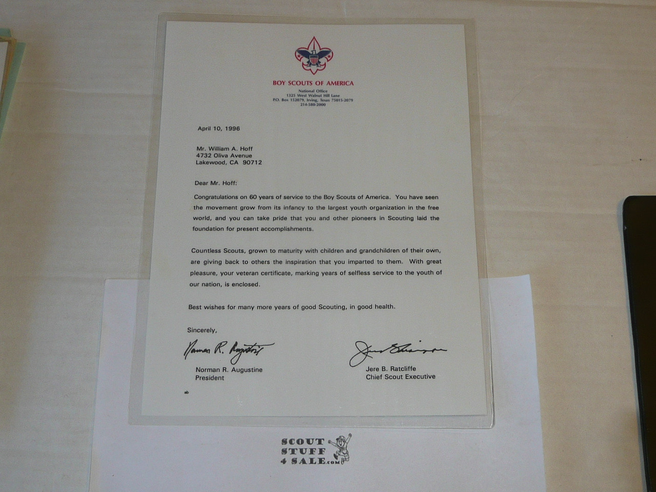 1996 Letter from Jere Ratcliffe & BSA President congratulating a 60 year veteran, on National BSA Letterhead, laminated