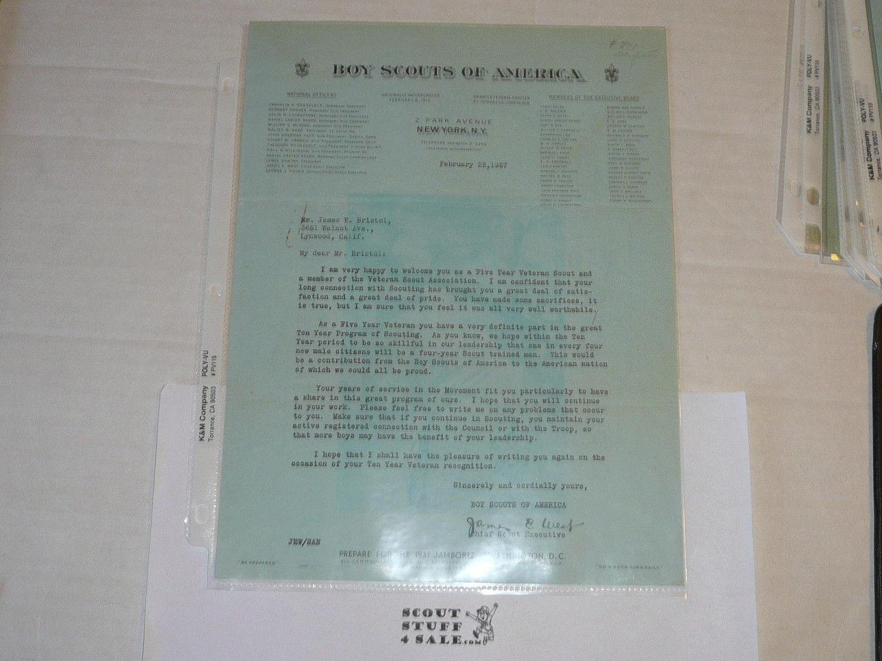1937 Letter on Boy Scout National Headquarters Stationary From James West Congratulating 5 year veteran