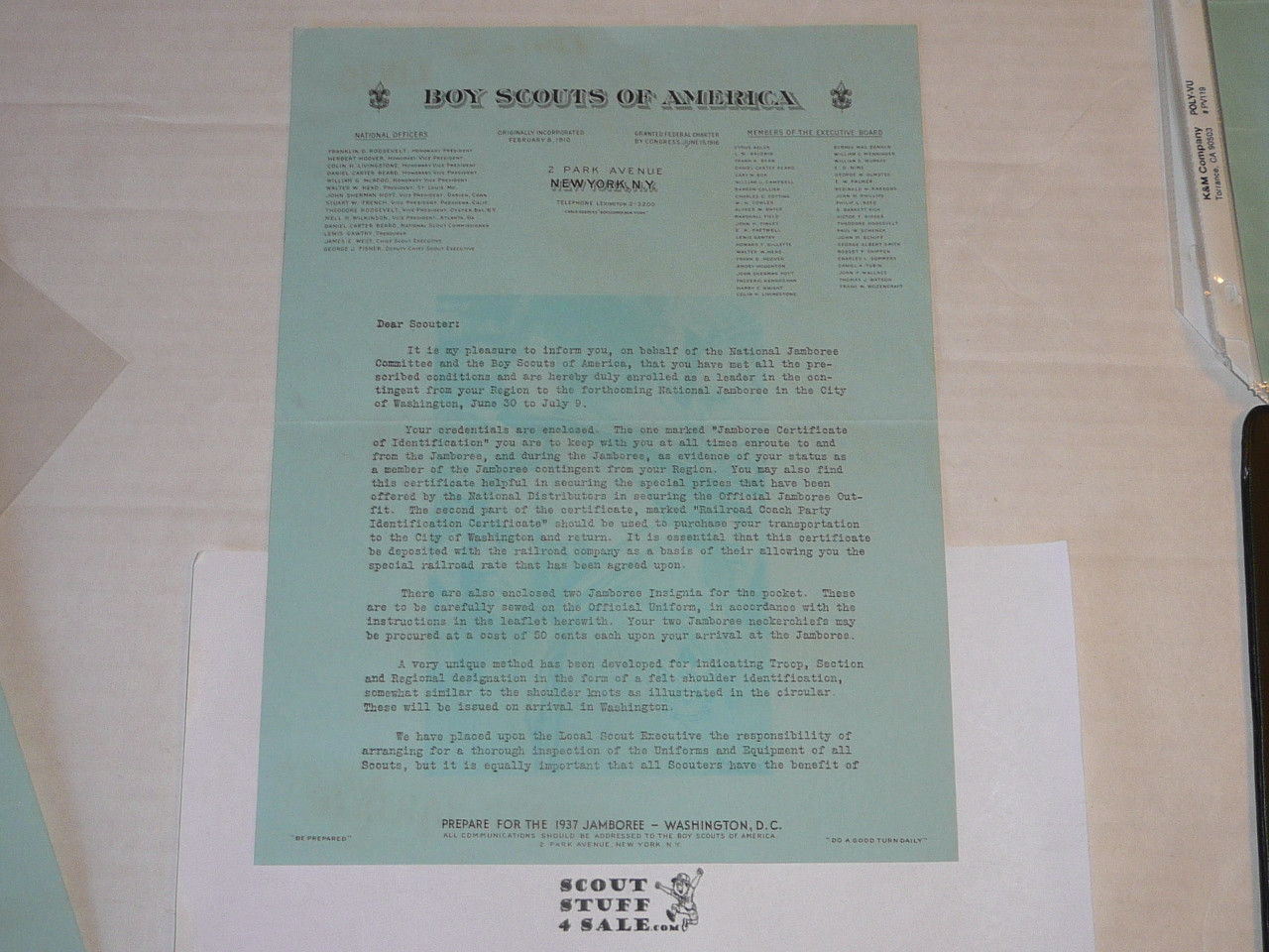 1937 Letter on Boy Scout National Headquarters Stationary From James West Notifying Scouter of appointment to Jamboree Staff WITH Insignia Guide and envelope